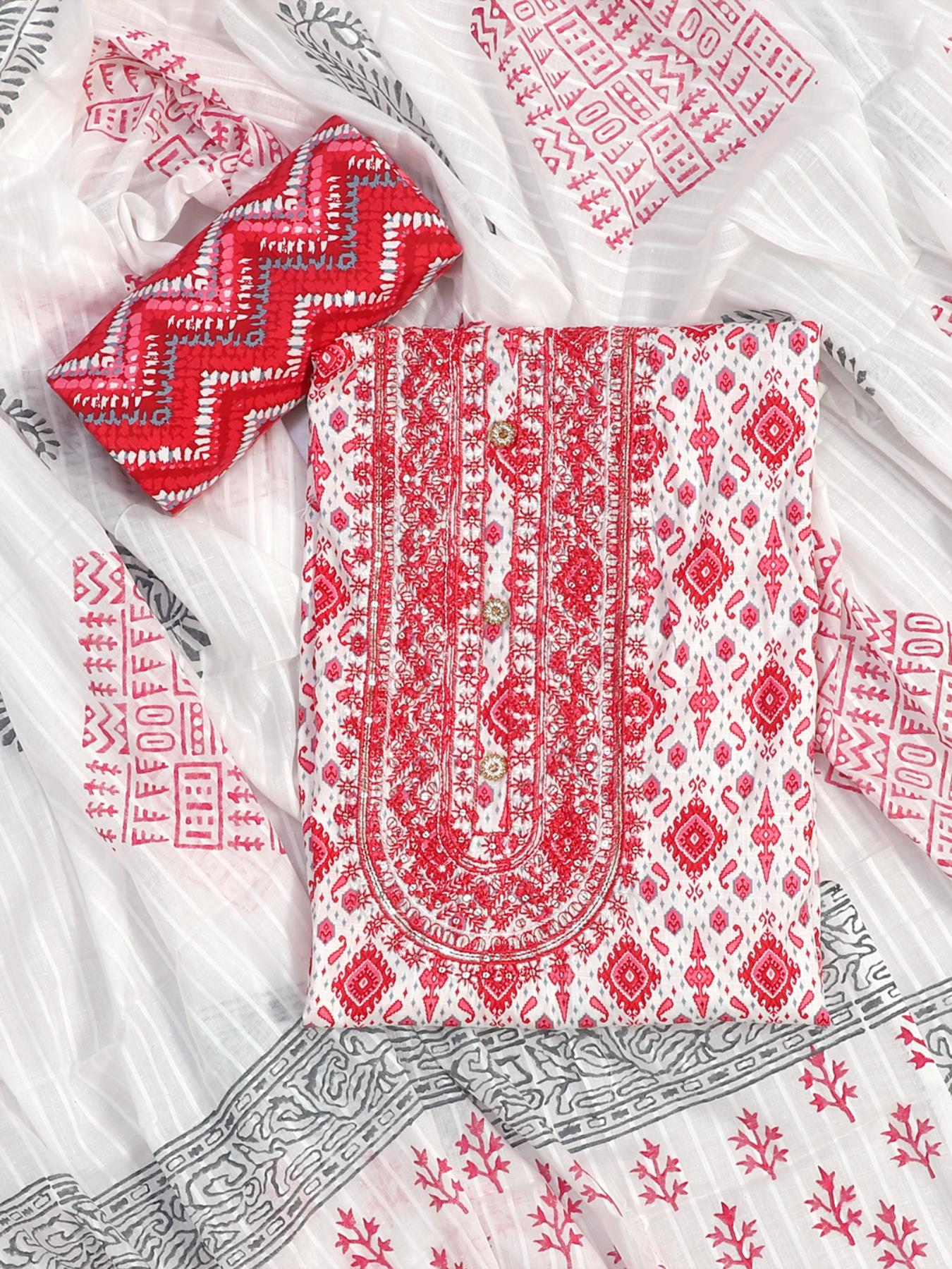White & Red Block Printed Unstitch Dress Material with Dupatta