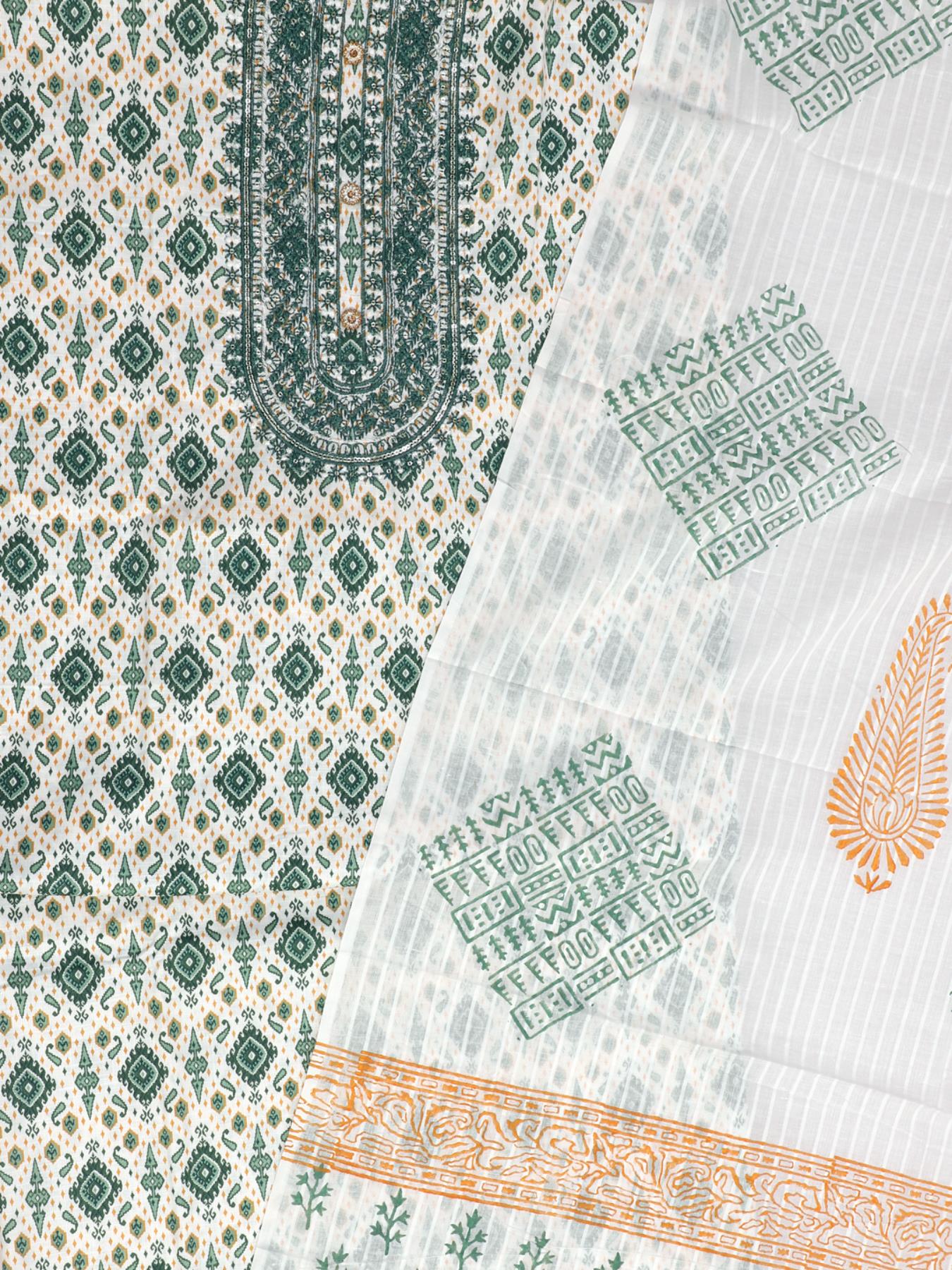 White & Green Block Printed Unstitch Dress Material with Dupatta