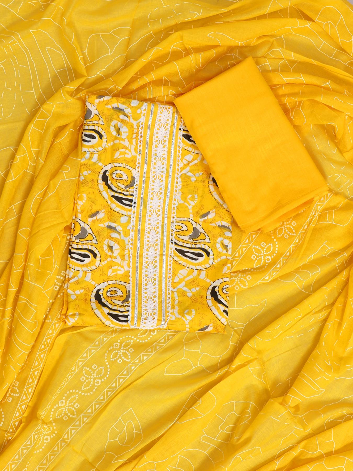 Yellow Paisley Unstitch Dress Material with Dupatta