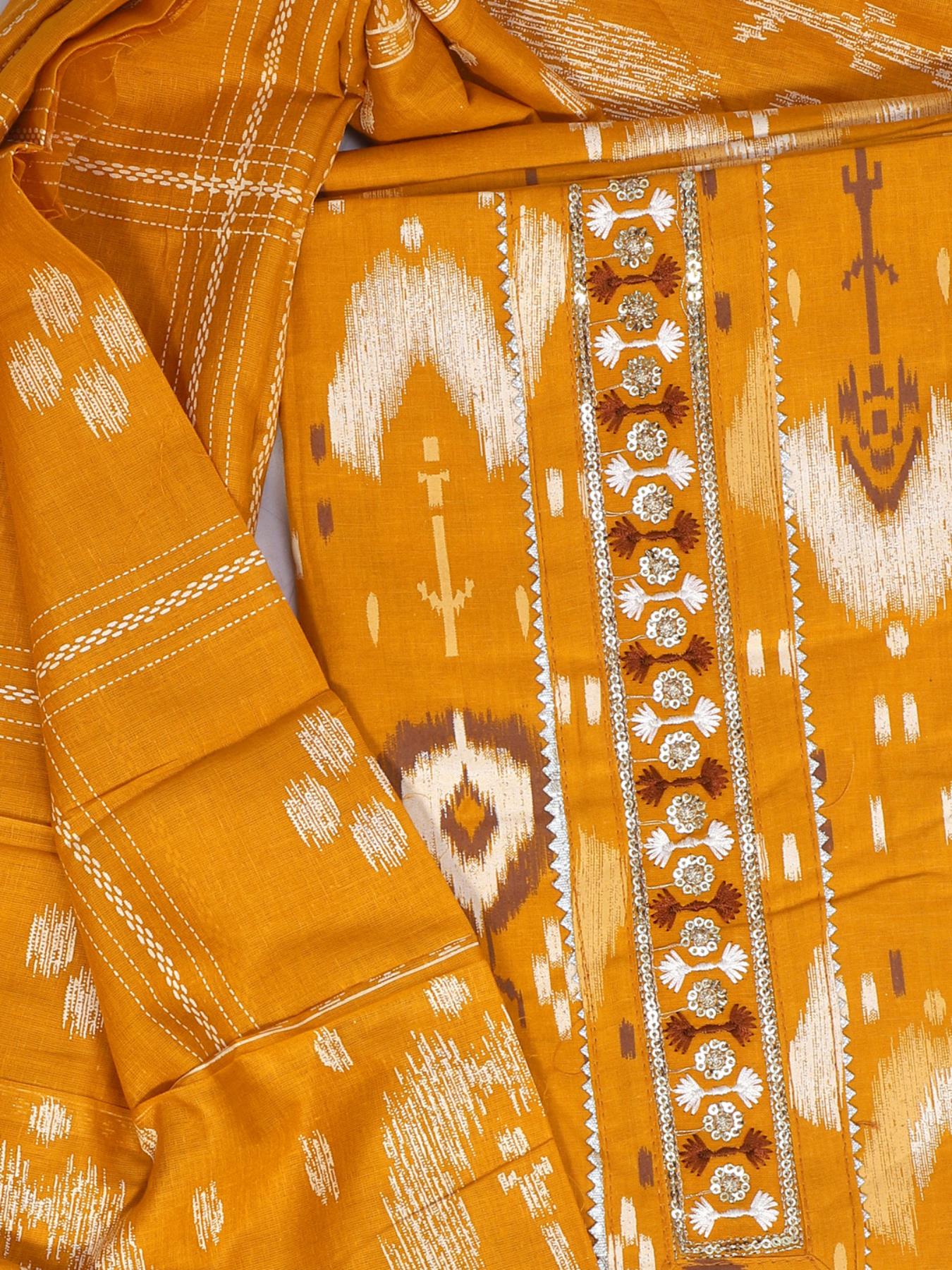 Mustard Yoke Design Cotton Unstitched Dress Material with Dupatta