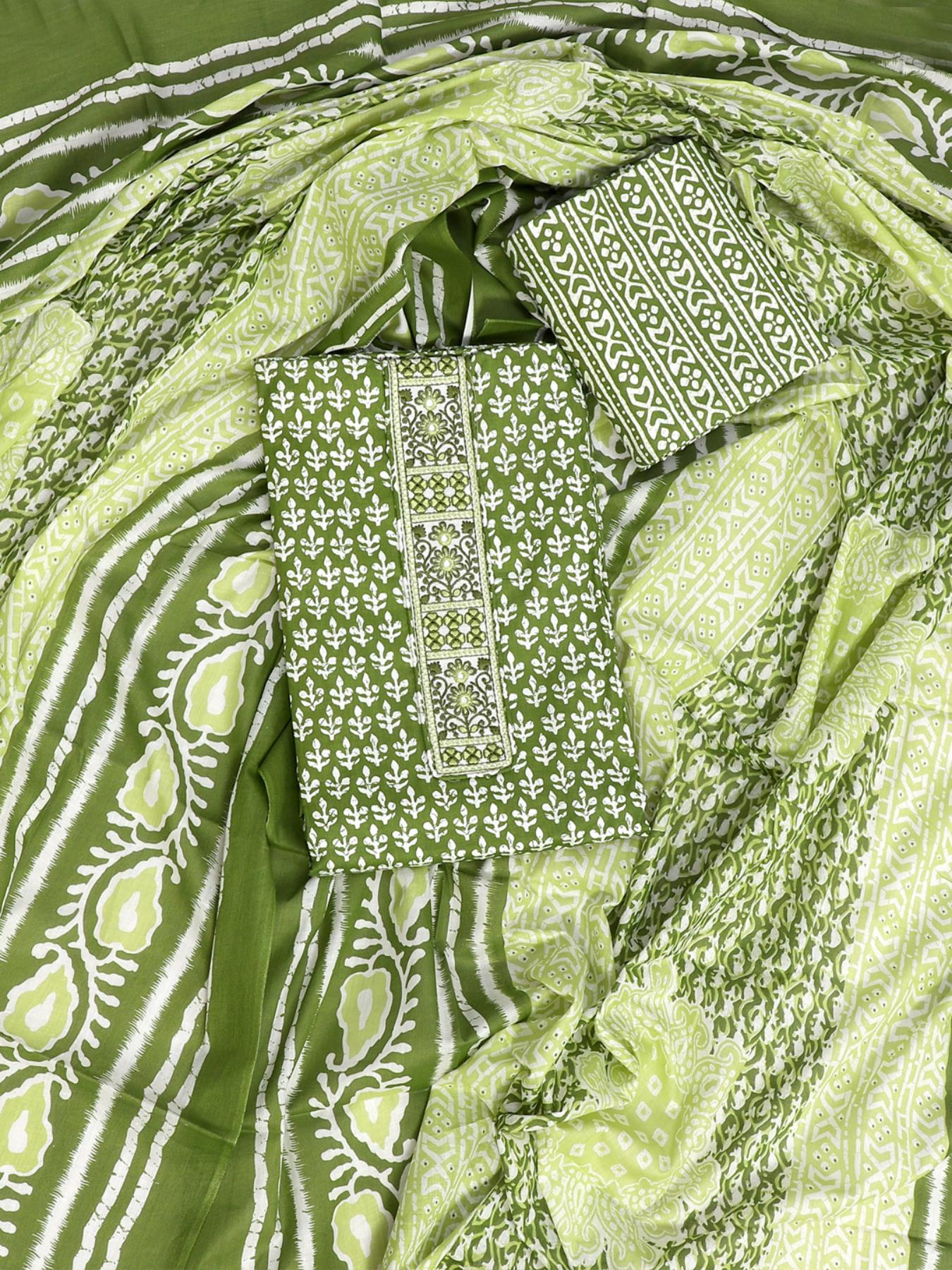 Green Dabu Printed Unstitch Dress Material with Dupatta