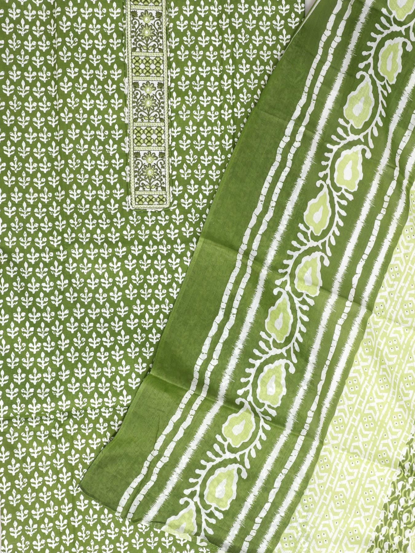 Green Dabu Printed Unstitch Dress Material with Dupatta