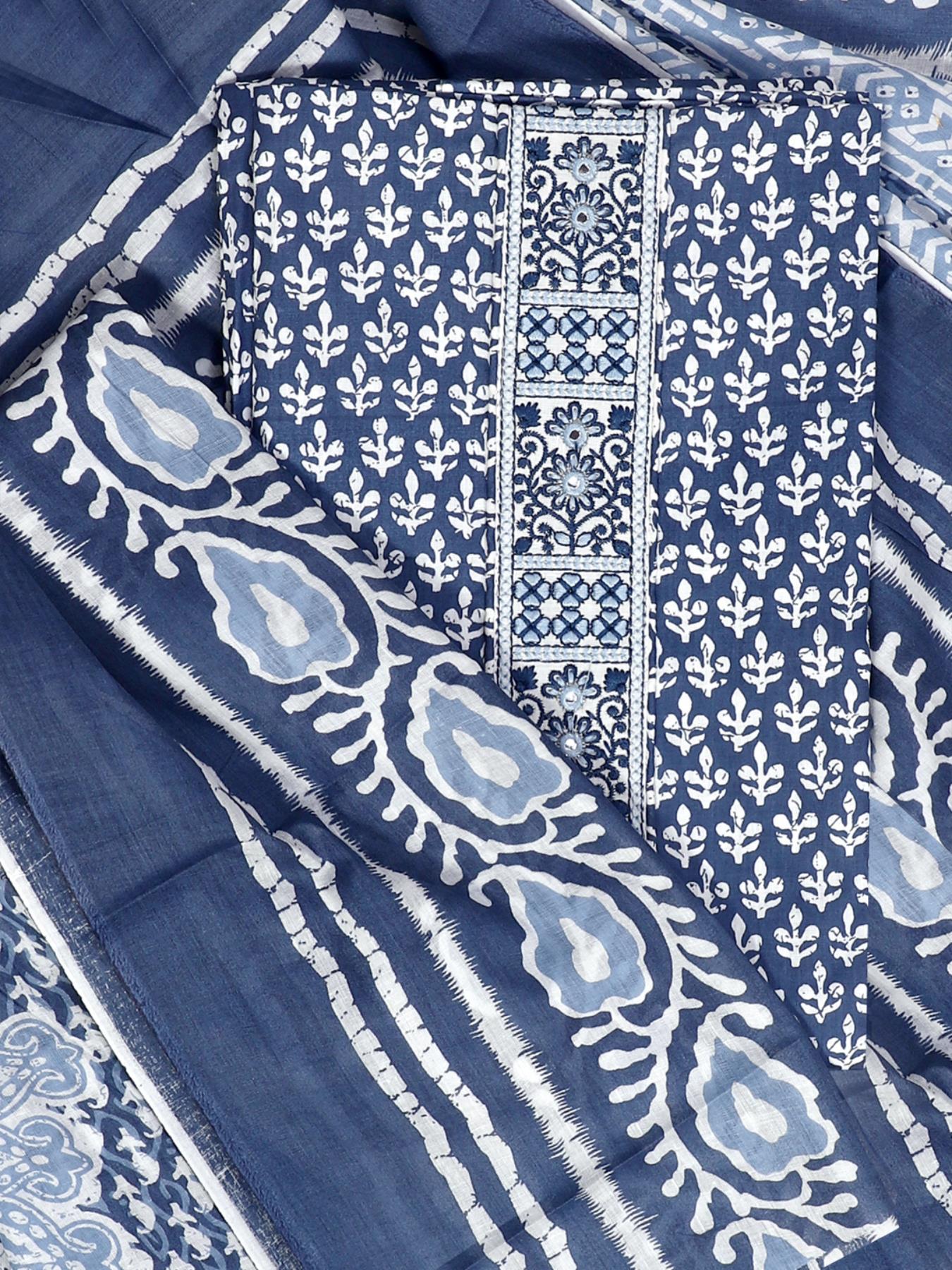 Blue Dabu Printed Unstitch Dress Material with Dupatta