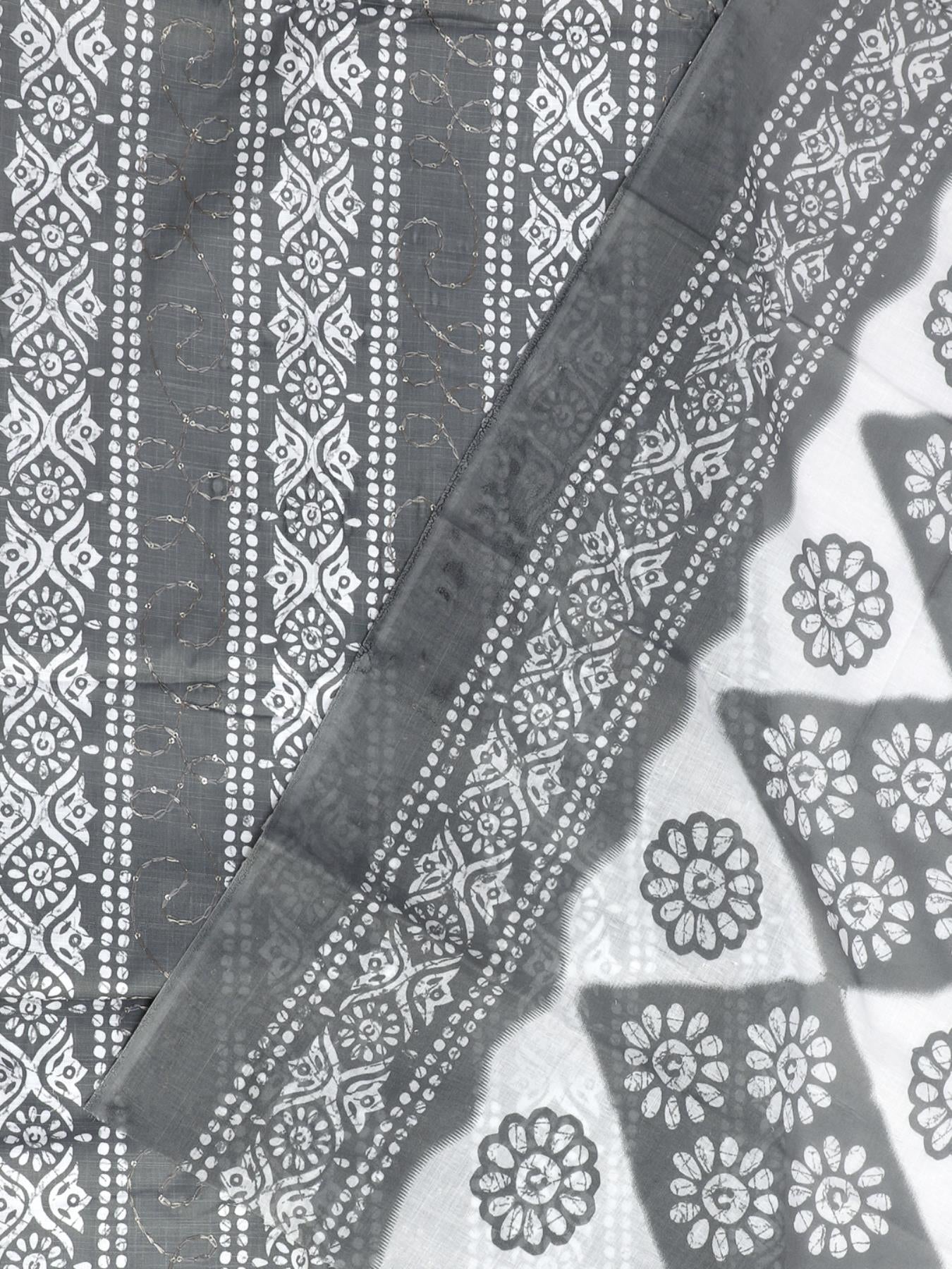 Grey Block Printed Unstitch Dress Material with Dupatta