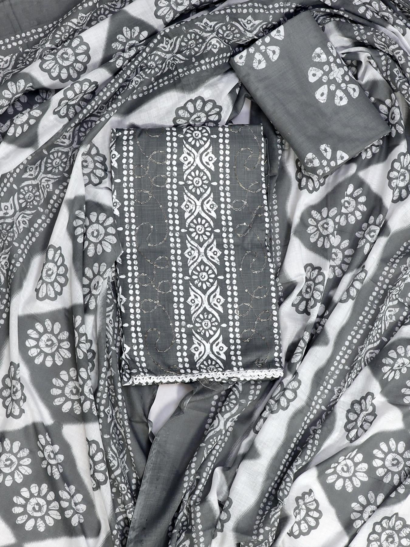 Grey Block Printed Unstitch Dress Material with Dupatta