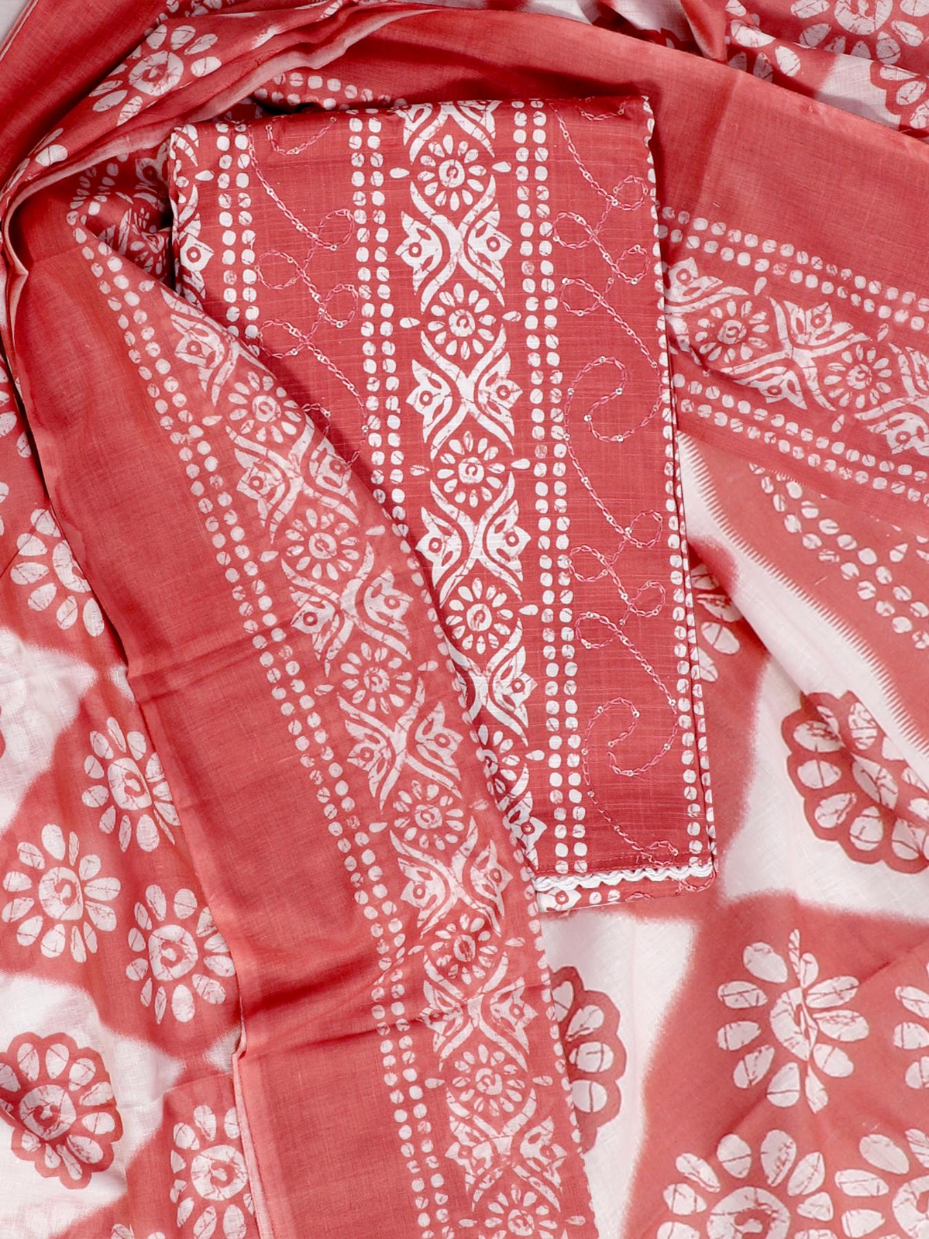 Red Block Printed Unstitch Dress Material with Dupatta