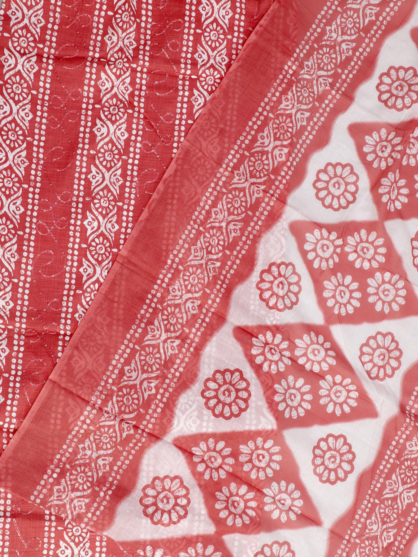 Red Block Printed Unstitch Dress Material with Dupatta