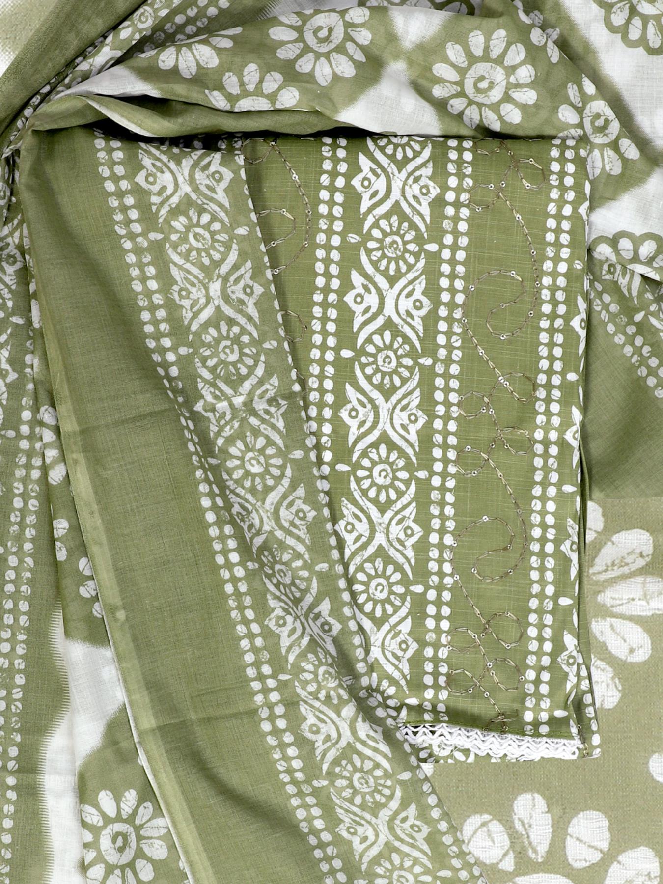 Olive Block Printed Unstitch Dress Material with Dupatta