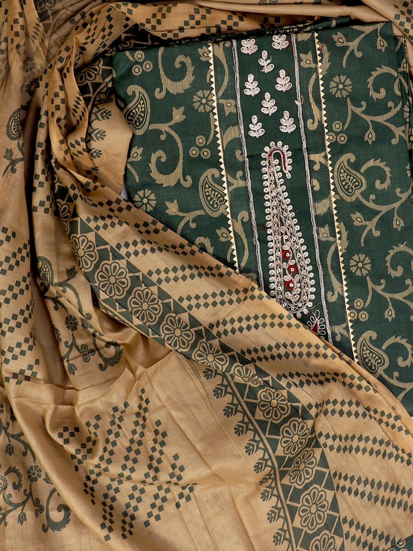 Cotton Printed Green Unstitched Dress Material With Dupatta