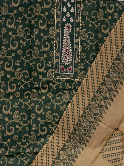 Green Block Printed Cotton Unstitched Dress Material with Dupatta