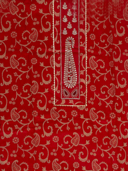 Red Printed Unstitch Dress Material with Dupatta