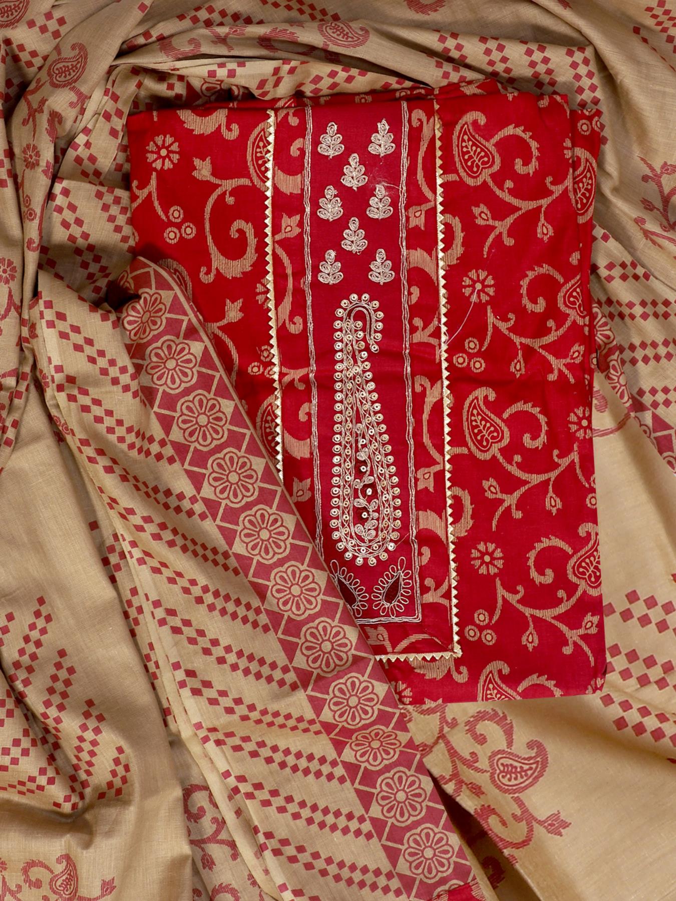 Red Printed Unstitch Dress Material with Dupatta
