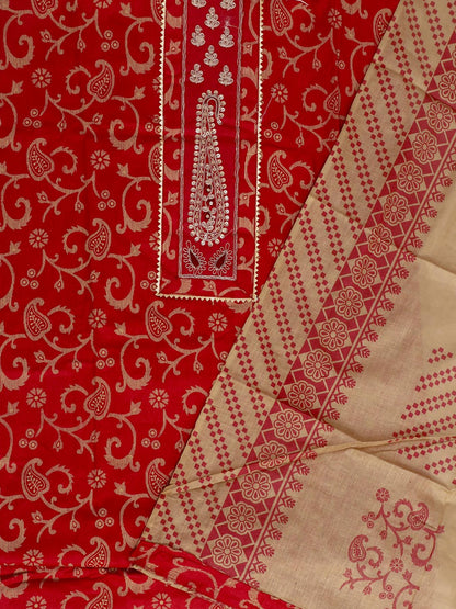 Red Printed Unstitch Dress Material with Dupatta