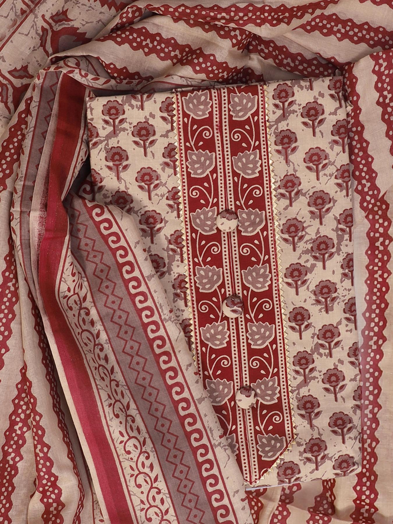 Beige & Red Printed Unstitched Dress Material with Dupatta