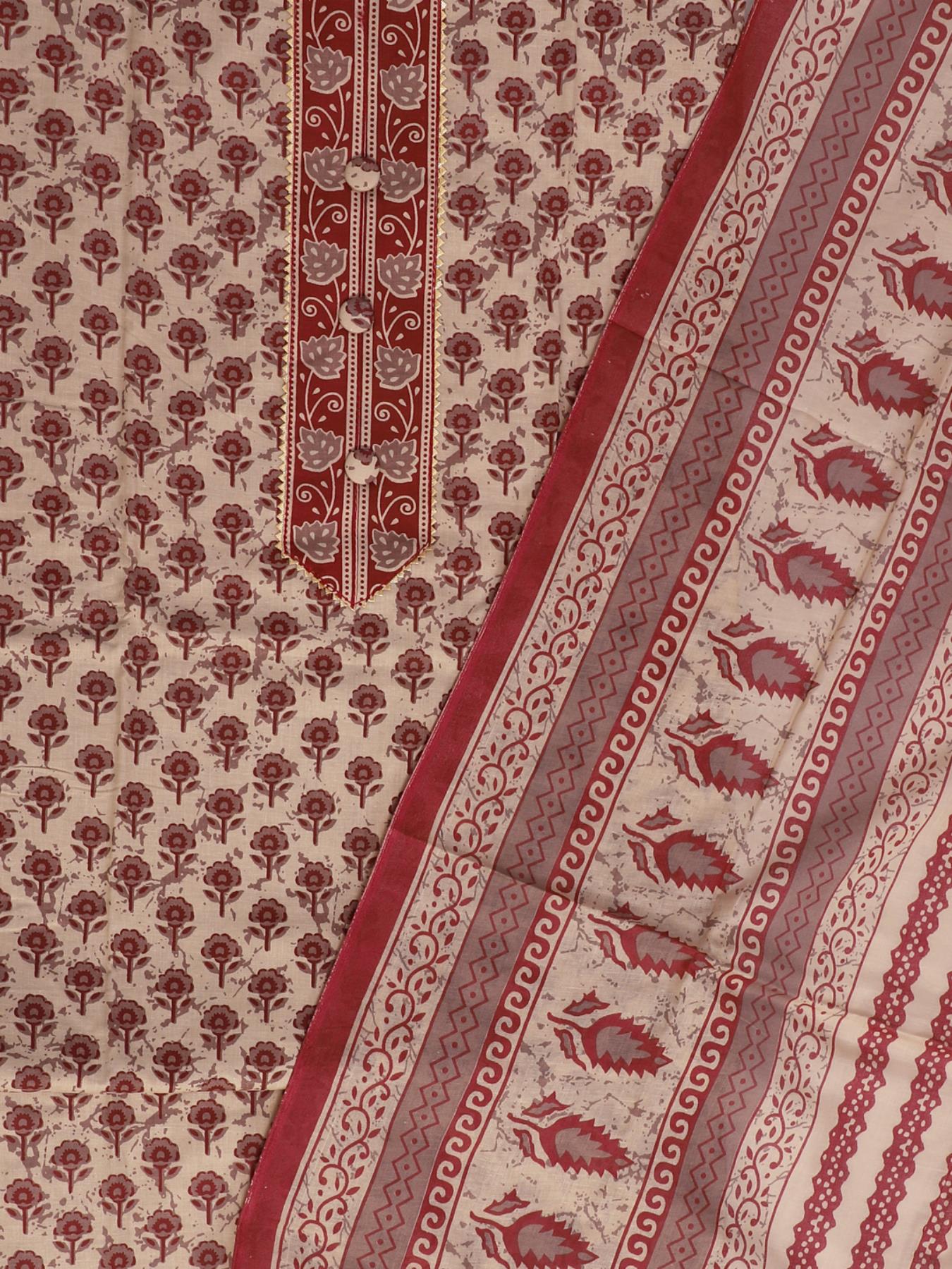 Beige & Red Printed Unstitched Dress Material with Dupatta