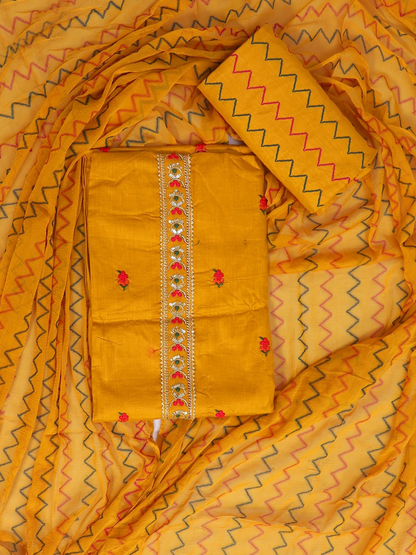 Mustard Embroidered Unstitch Dress Material with Dupatta