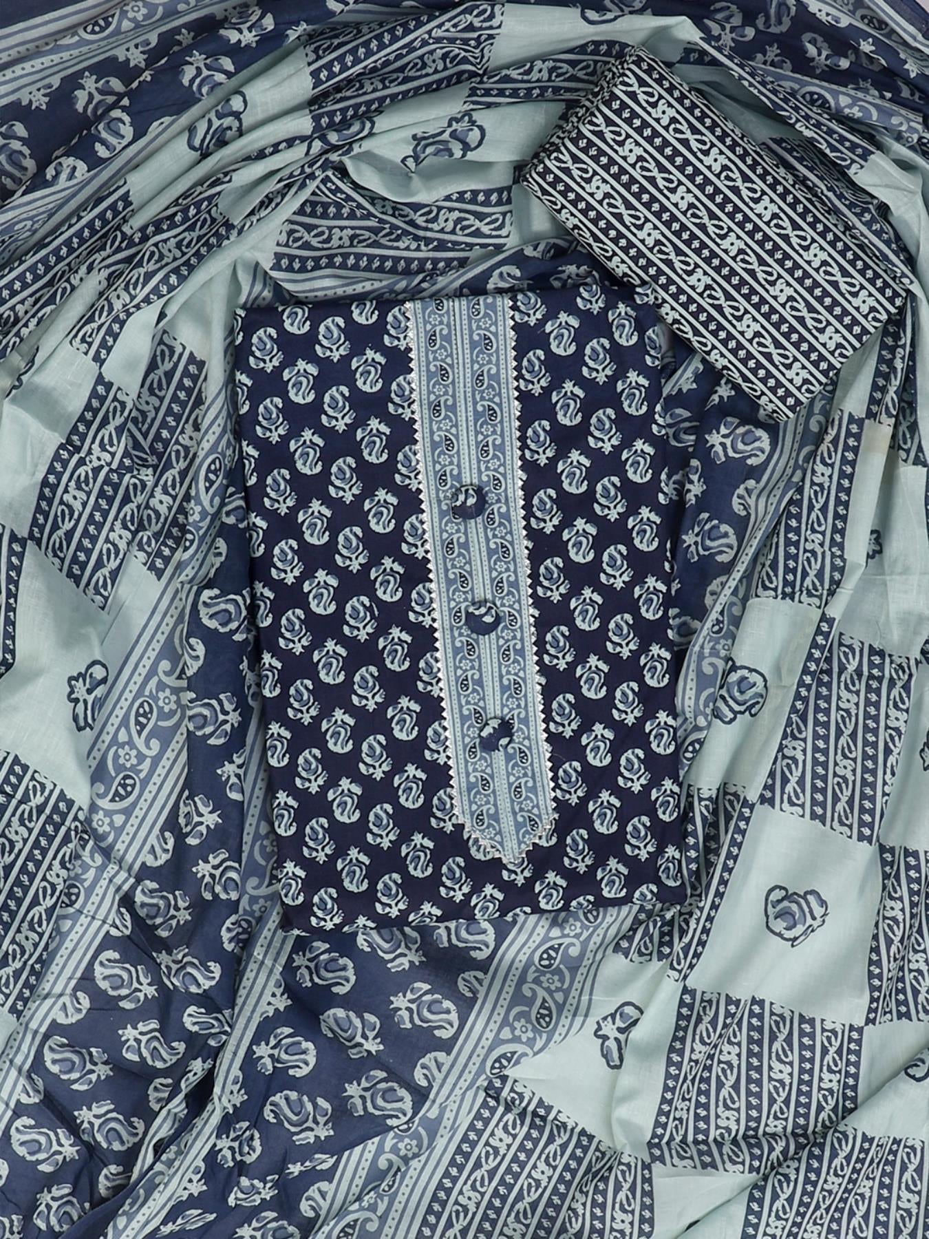 Blue Block Printed Unstitch Dress Material with Dupatta
