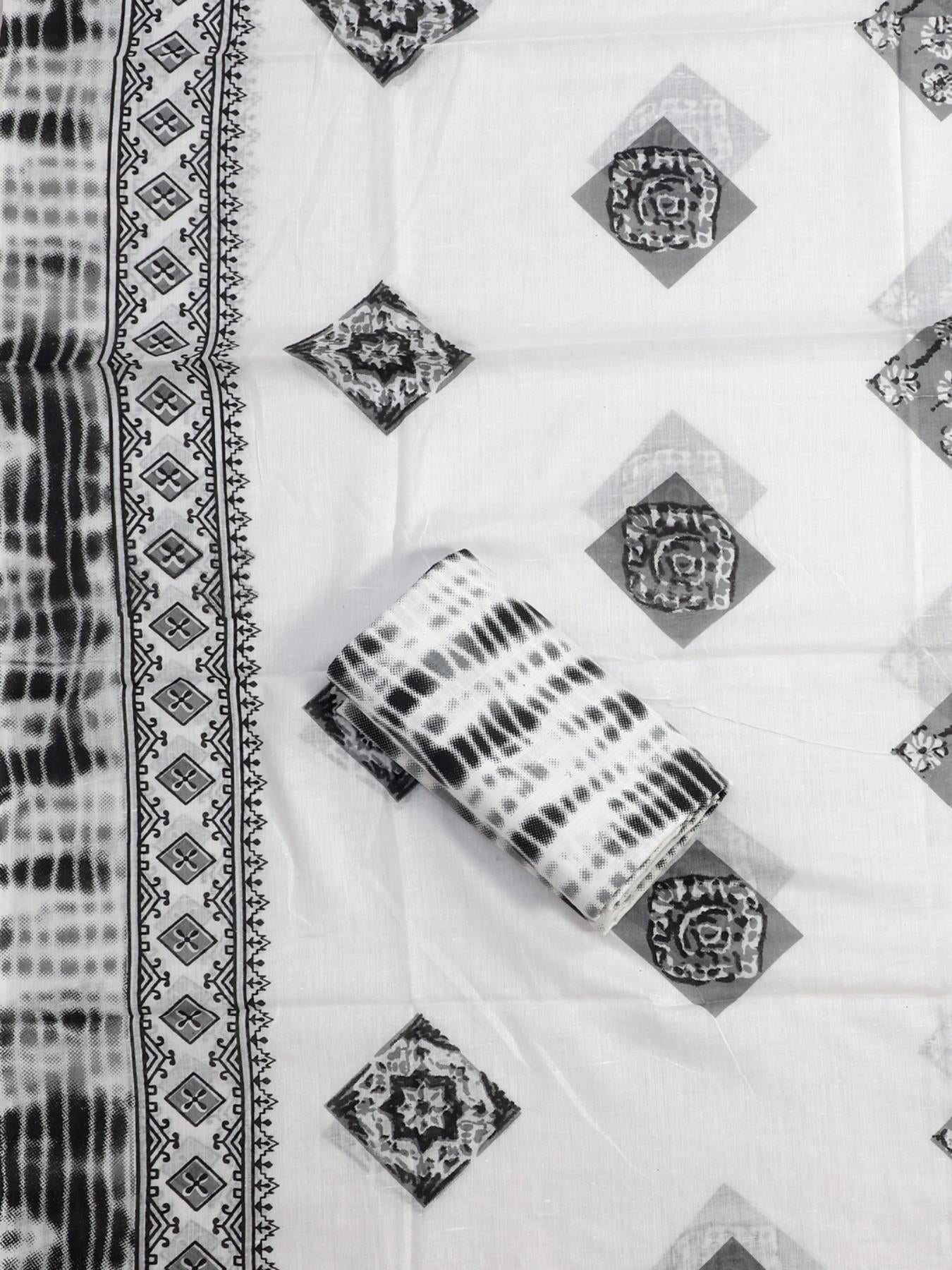 White & Grey Printed Unstitch Dress Material with Dupatta