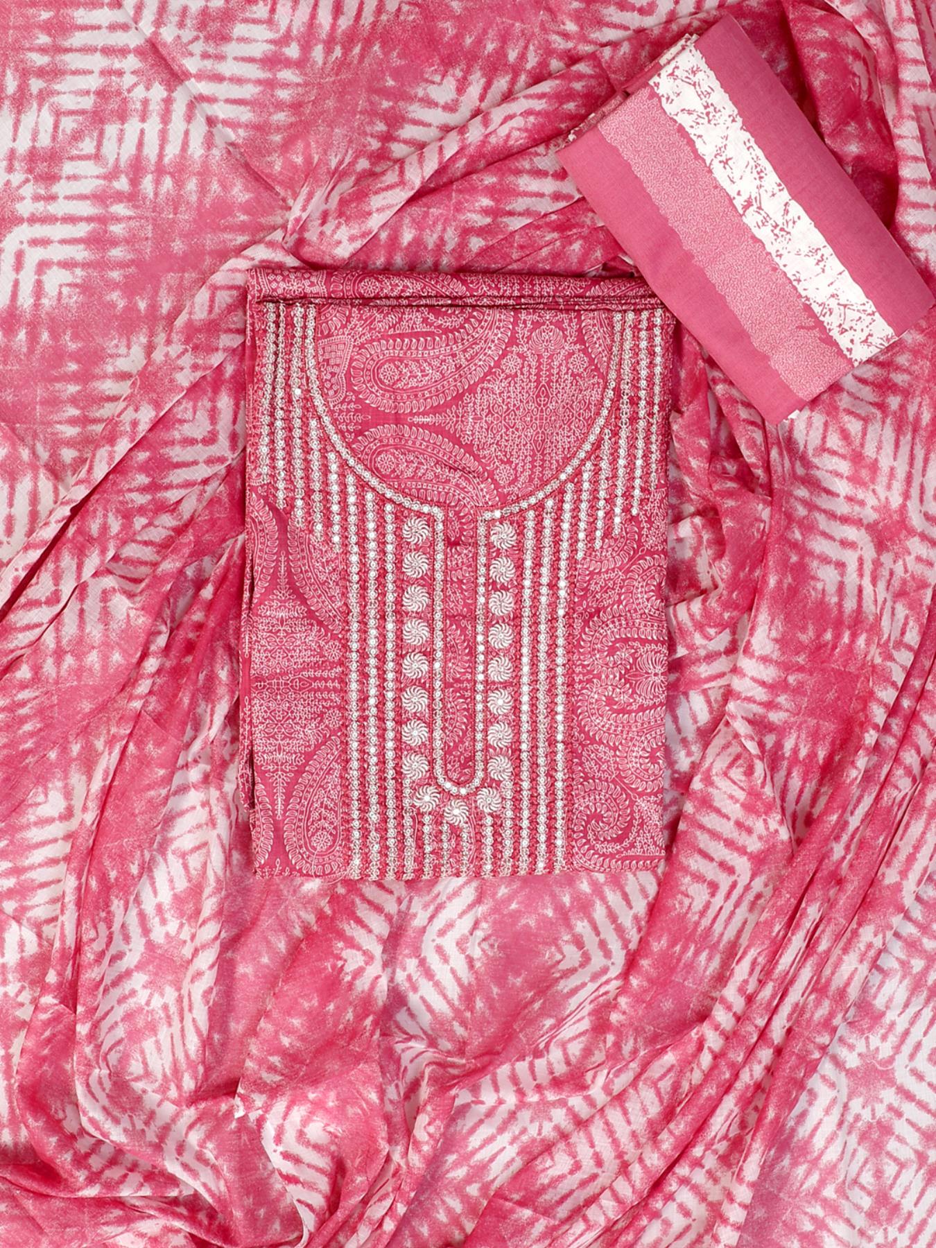 Pink Tie & Dye Printed Unstitch Dress Material with Dupatta