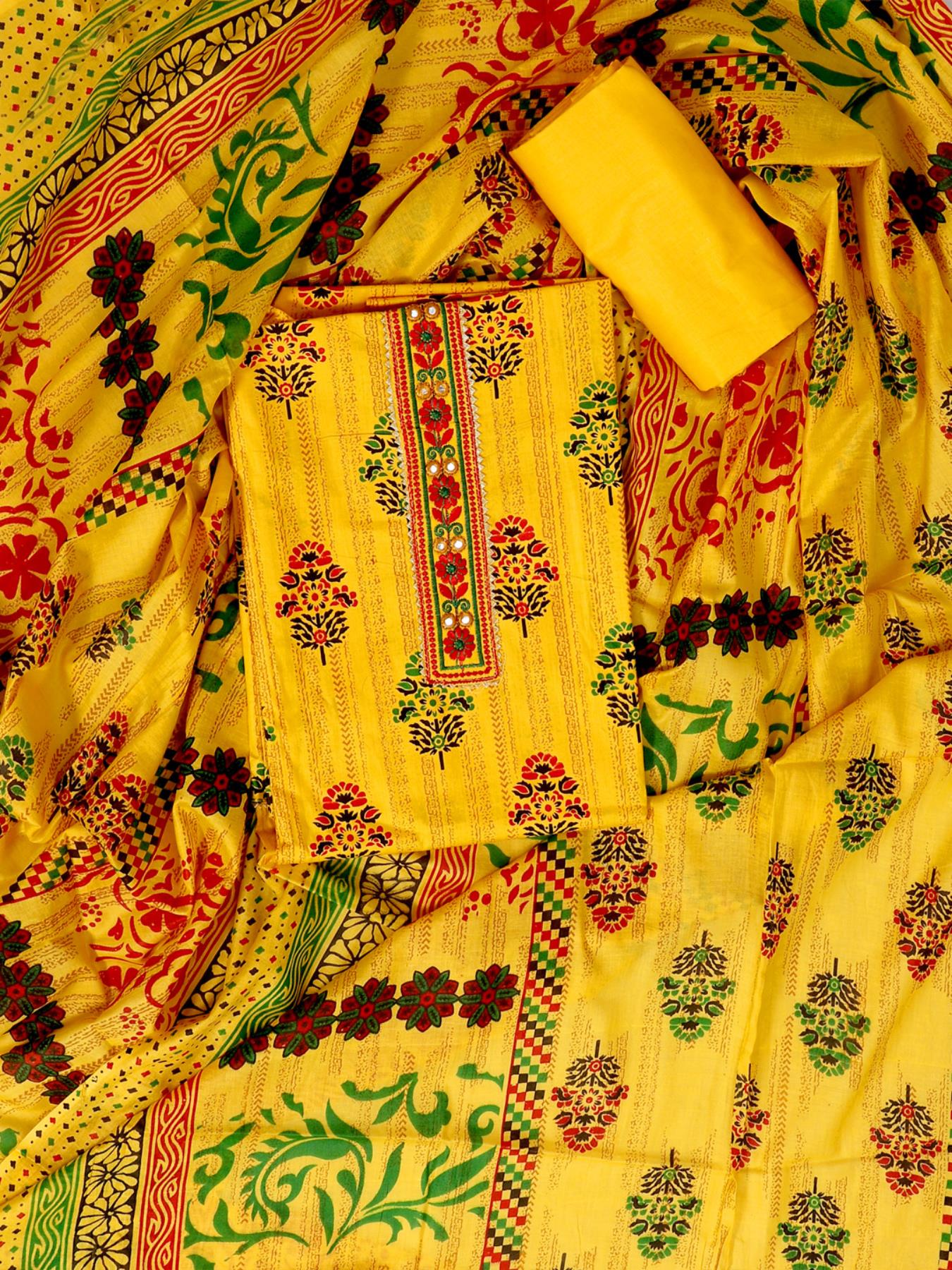 Mustard Block Printed Unstitch Dress Material with Dupatta