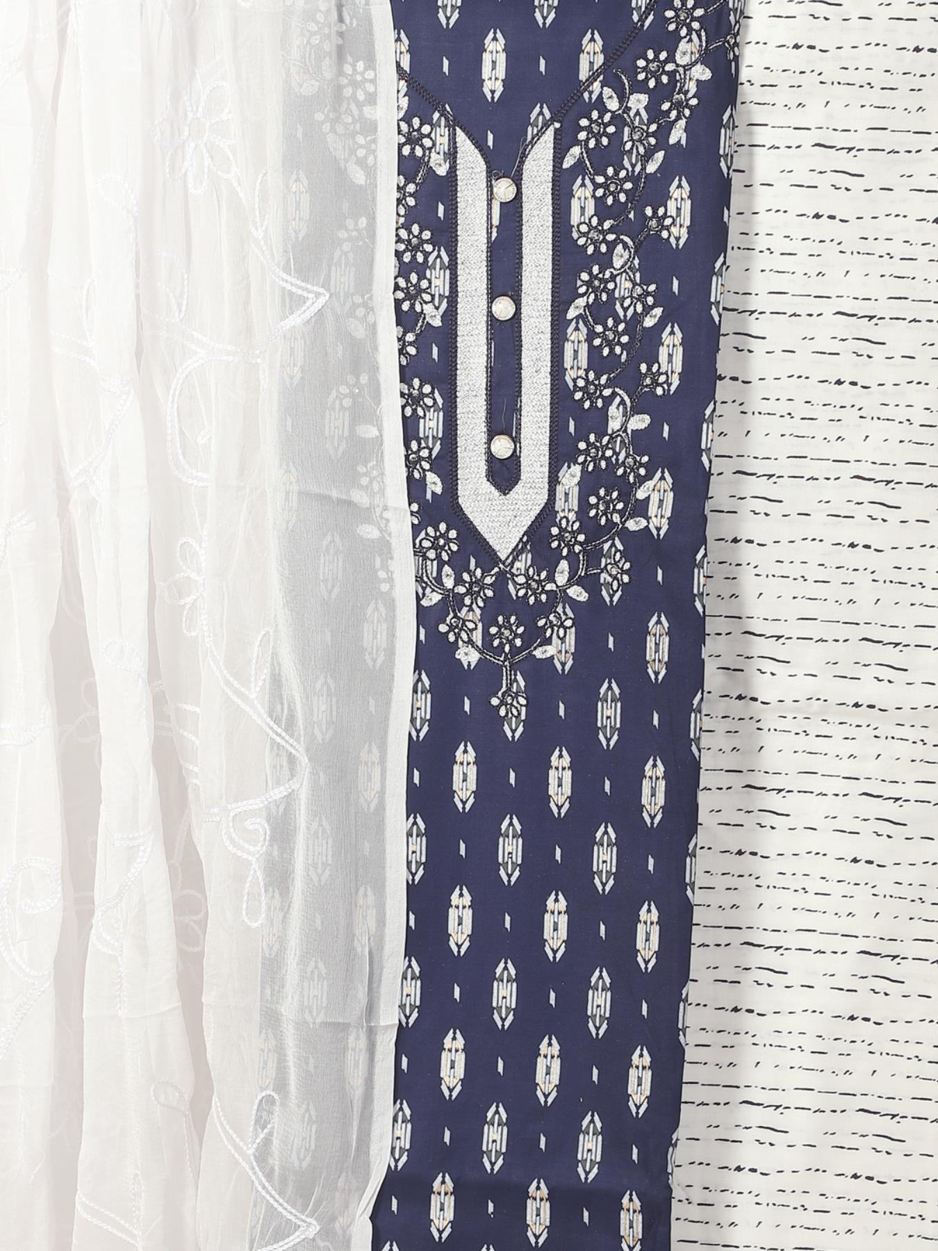 Navy Blue & White Block Printed Unstitch Dress Material with Dupatta