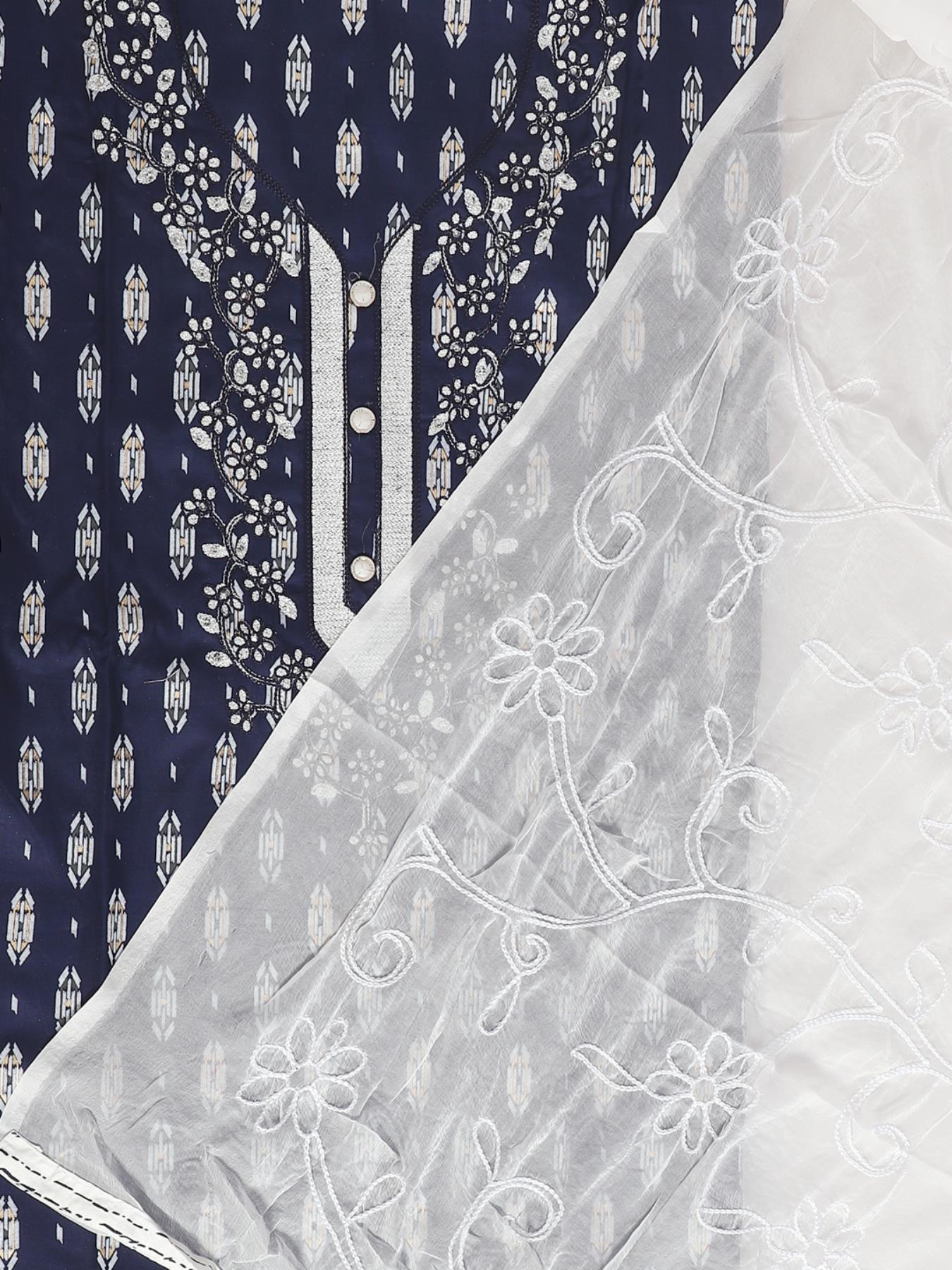 Navy Blue & White Block Printed Unstitch Dress Material with Dupatta