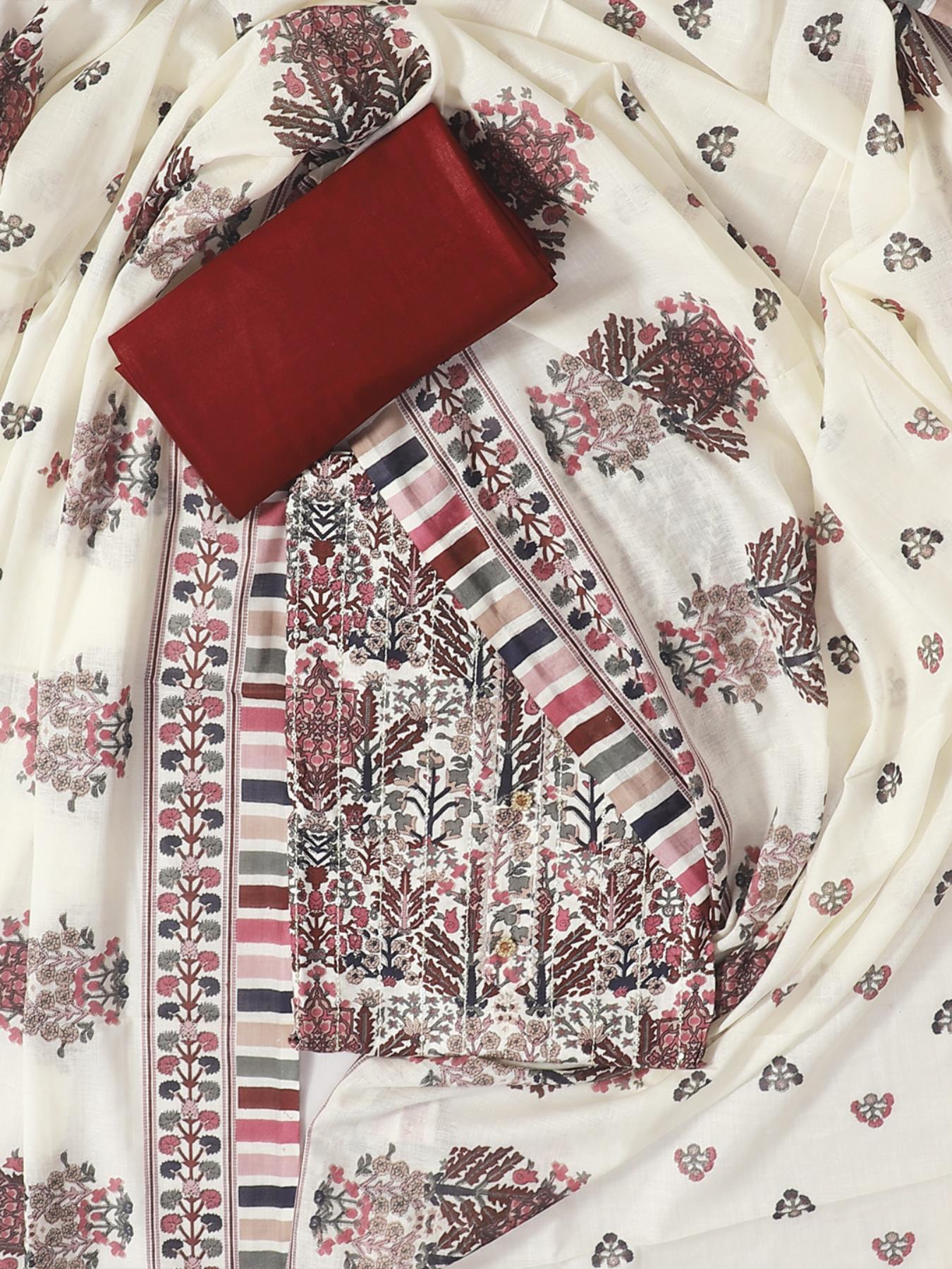 Maroon & White Block Printed Unstitch Dress Material with Dupatta
