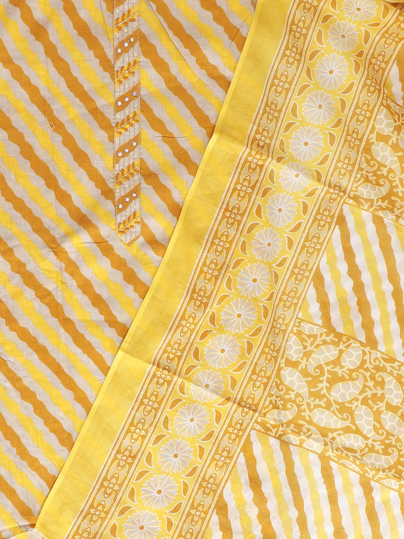 Yellow Leheriya Unstitch Dress Material with Dupatta