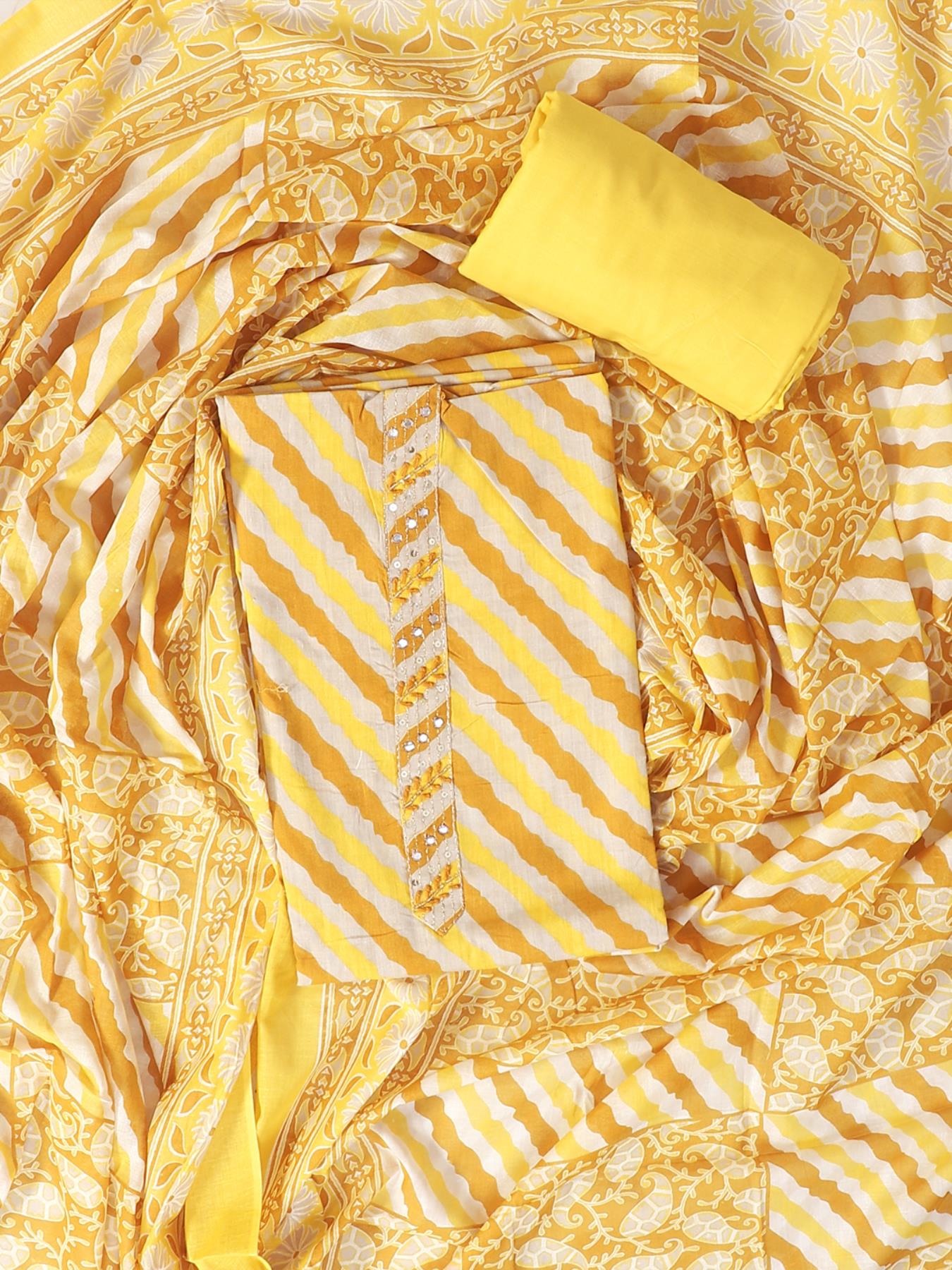 Yellow Leheriya Unstitch Dress Material with Dupatta