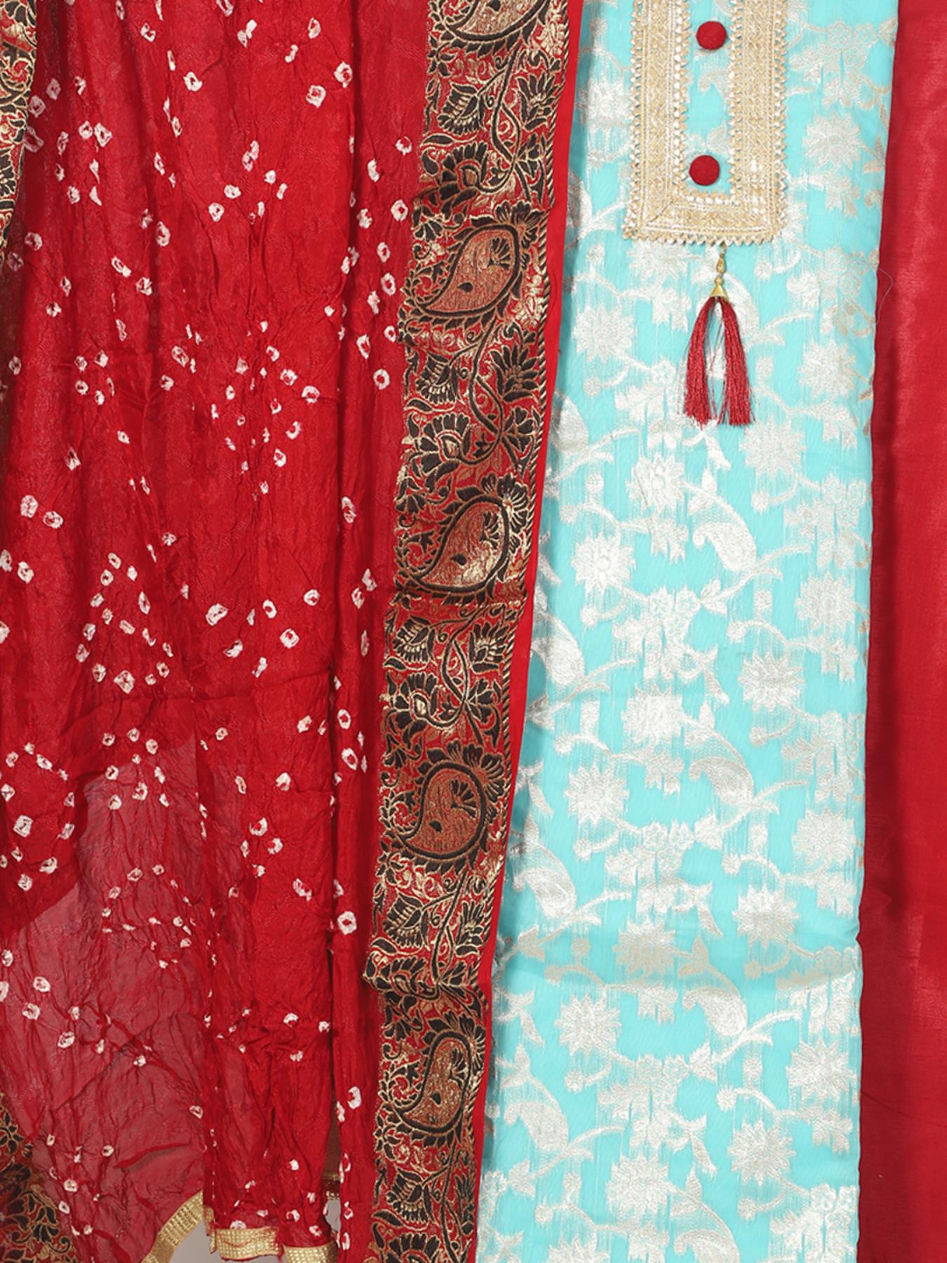 Blue & Red Printed Silk Unstitched Dress Material with Dupatta