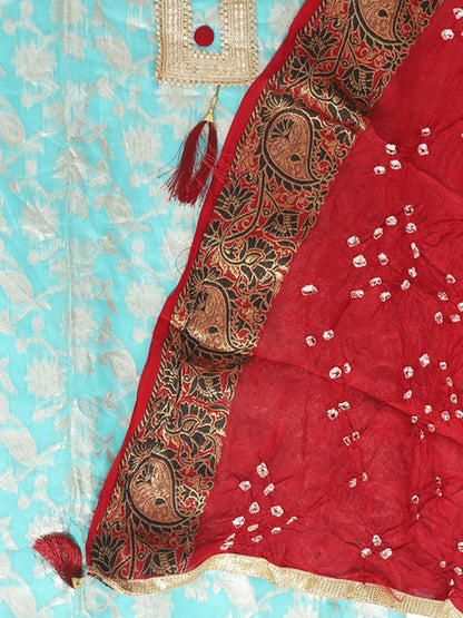 Blue & Red Printed Silk Unstitched Dress Material with Dupatta