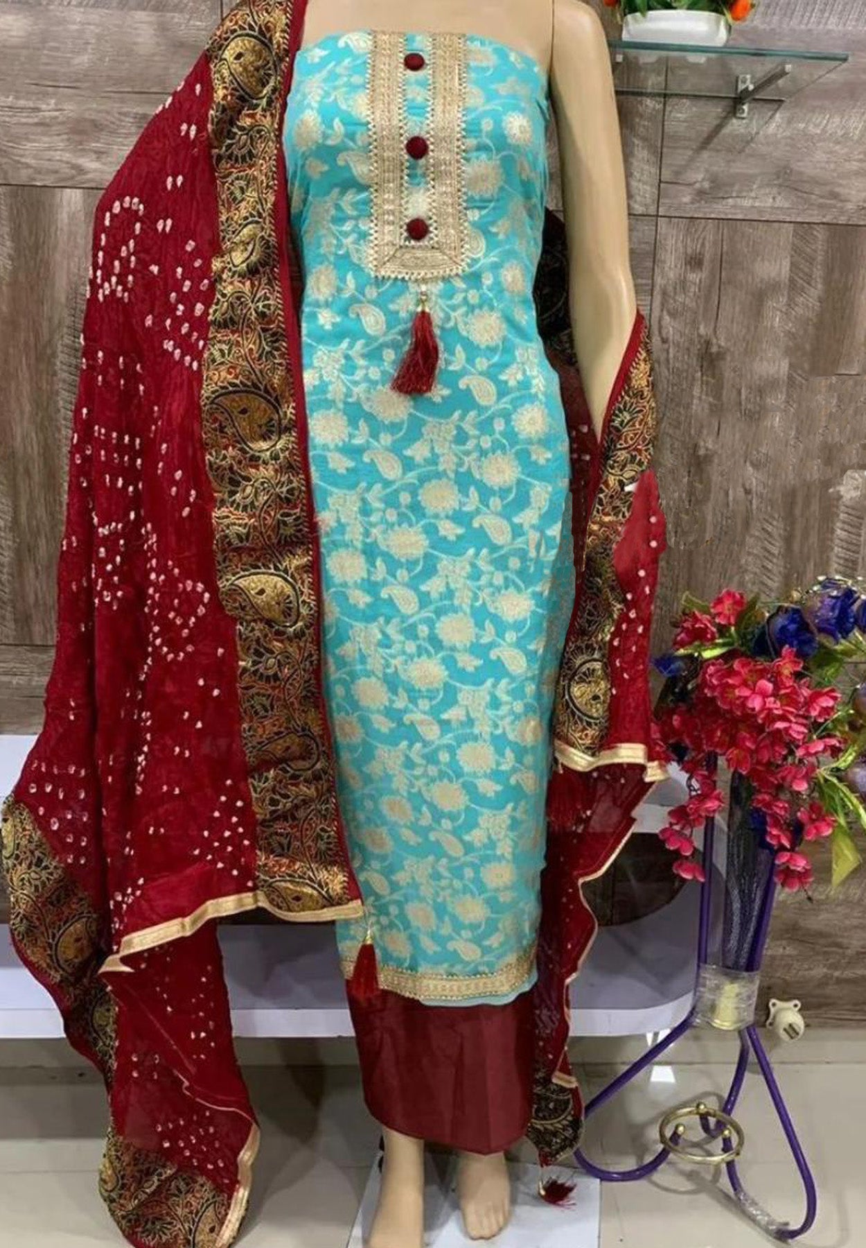 Blue & Red Printed Silk Unstitched Dress Material with Dupatta