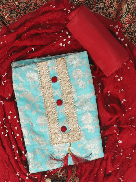 Blue & Red Printed Silk Unstitched Dress Material with Dupatta