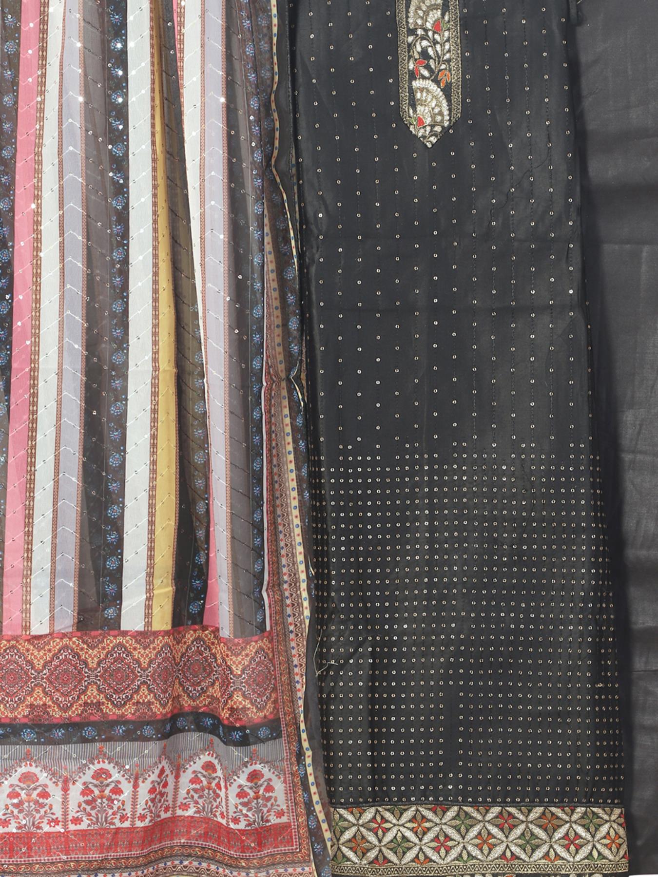 Silk Embellished Black Unstitched Dress Material With Dupatta