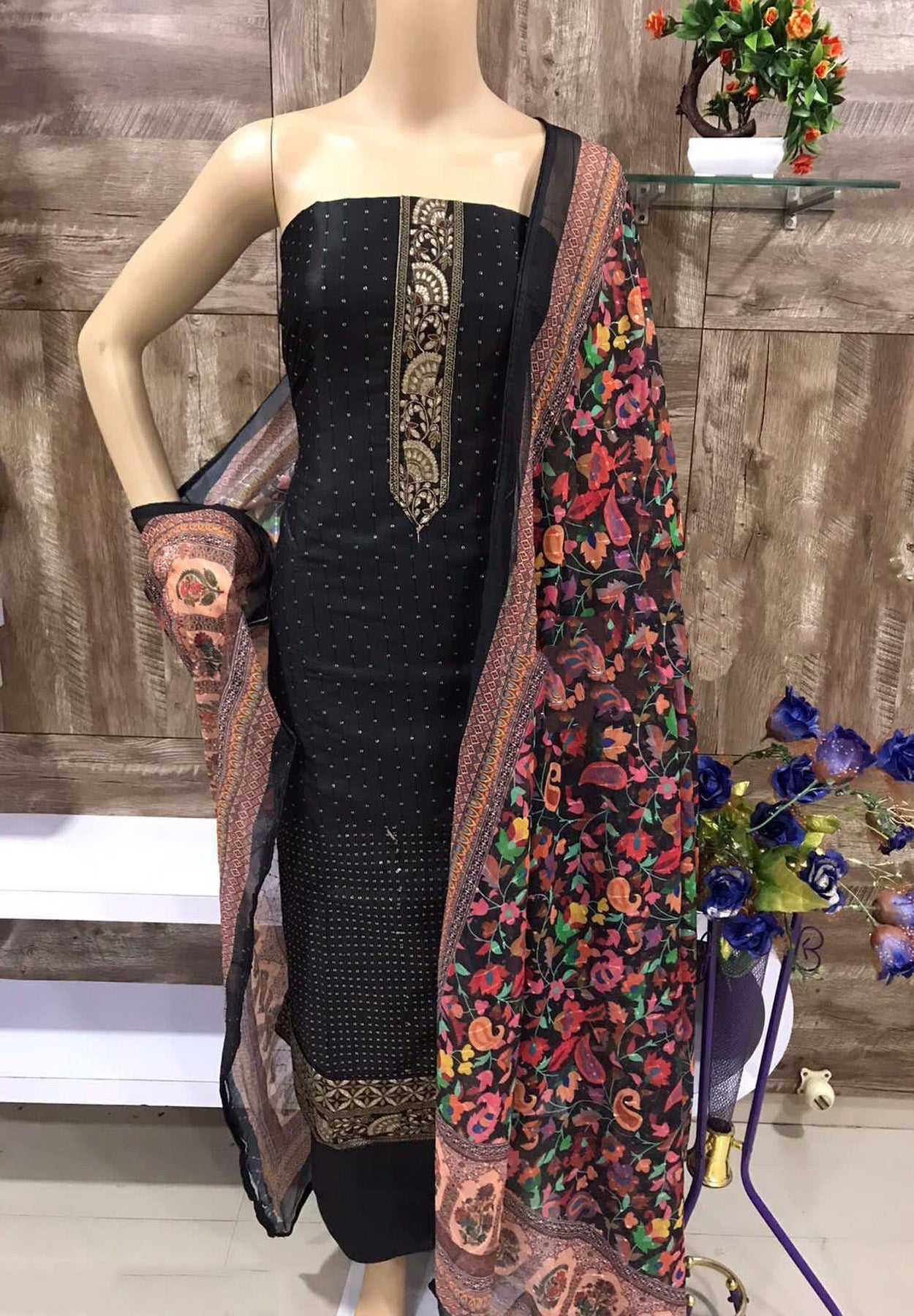 Silk Embellished Black Unstitched Dress Material With Dupatta