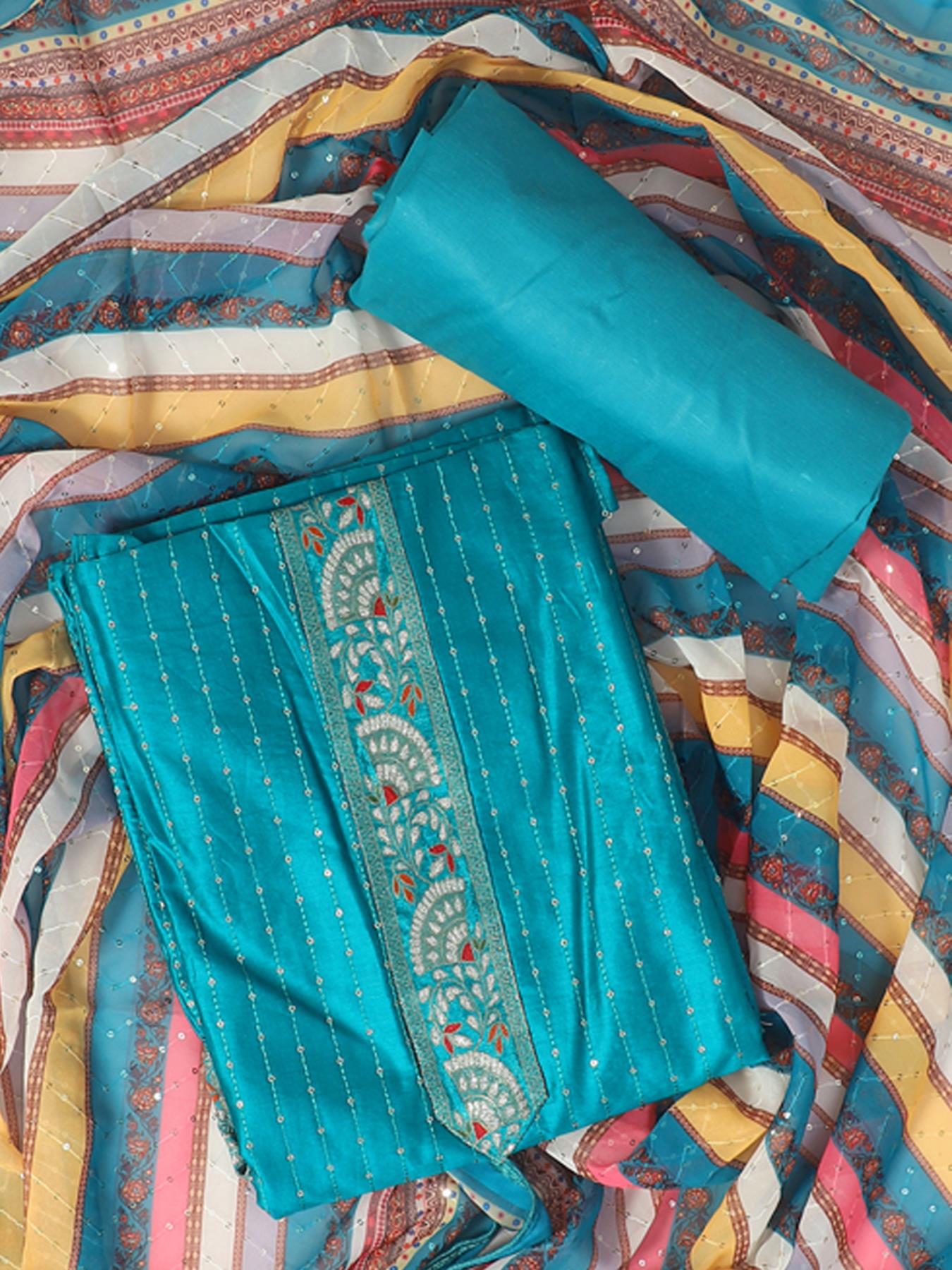 Teal Embellished Unstitch Dress Material with Dupatta