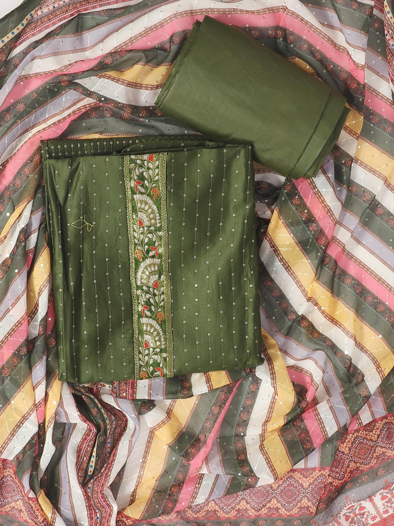 Green Embellished Unstitch Dress Material with Dupatta