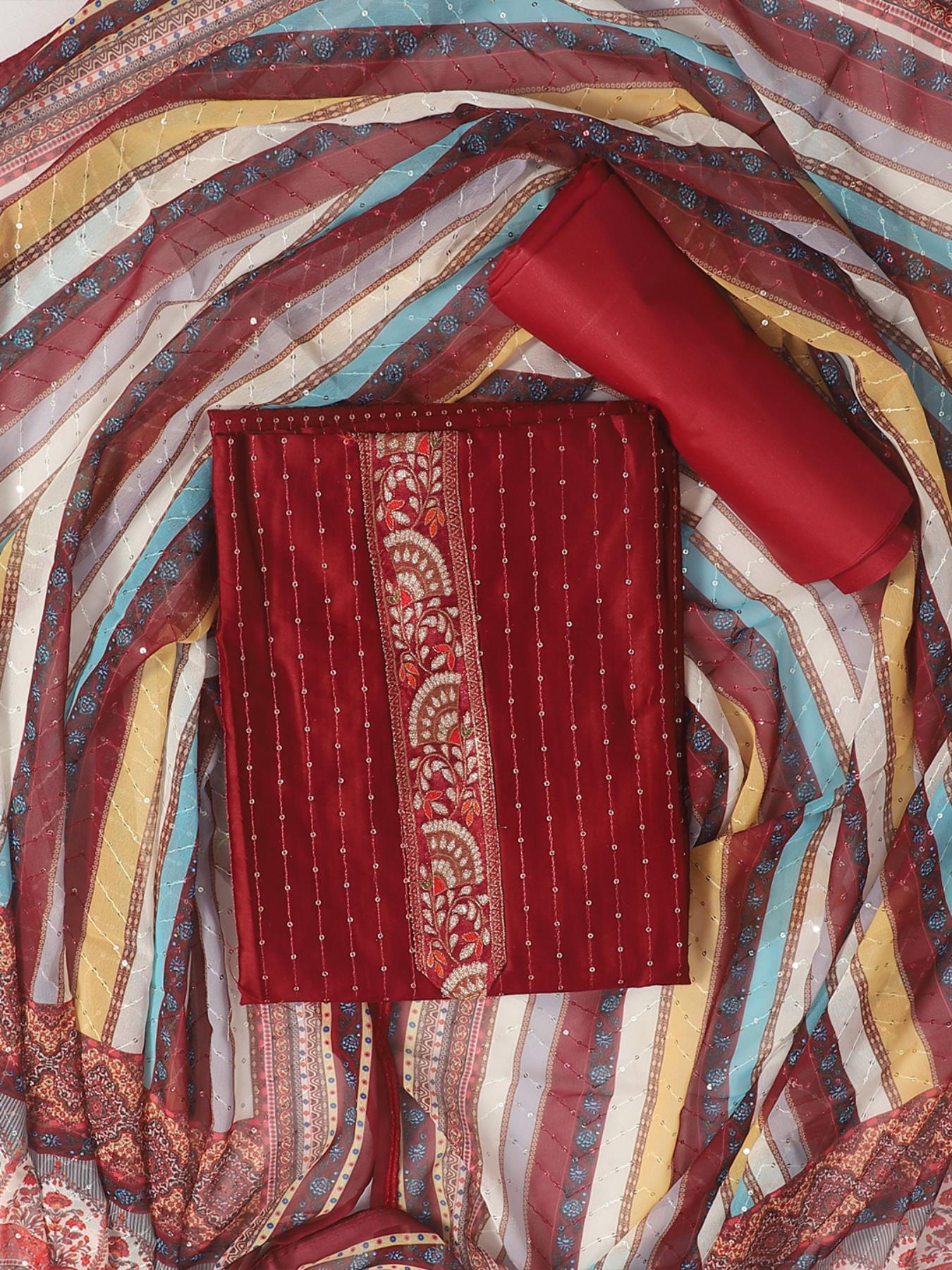 Red Embellished Unstitch Dress Material with Dupatta