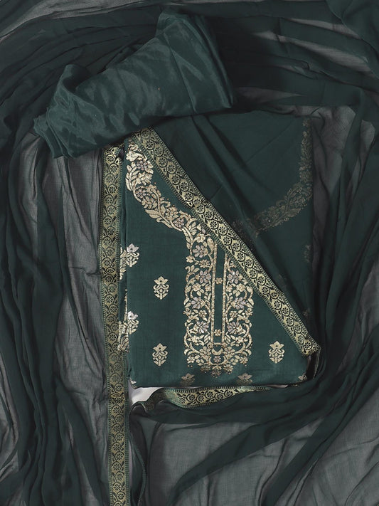 Dark Green Embellished Art Silk Unstitched Dress Material with Dupatta