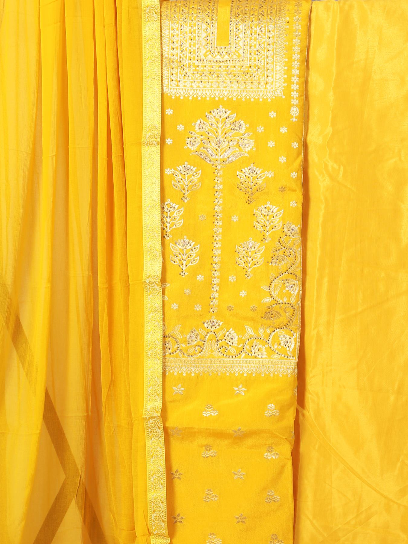 Yellow Embellished Unstitch Dress Material with Dupatta