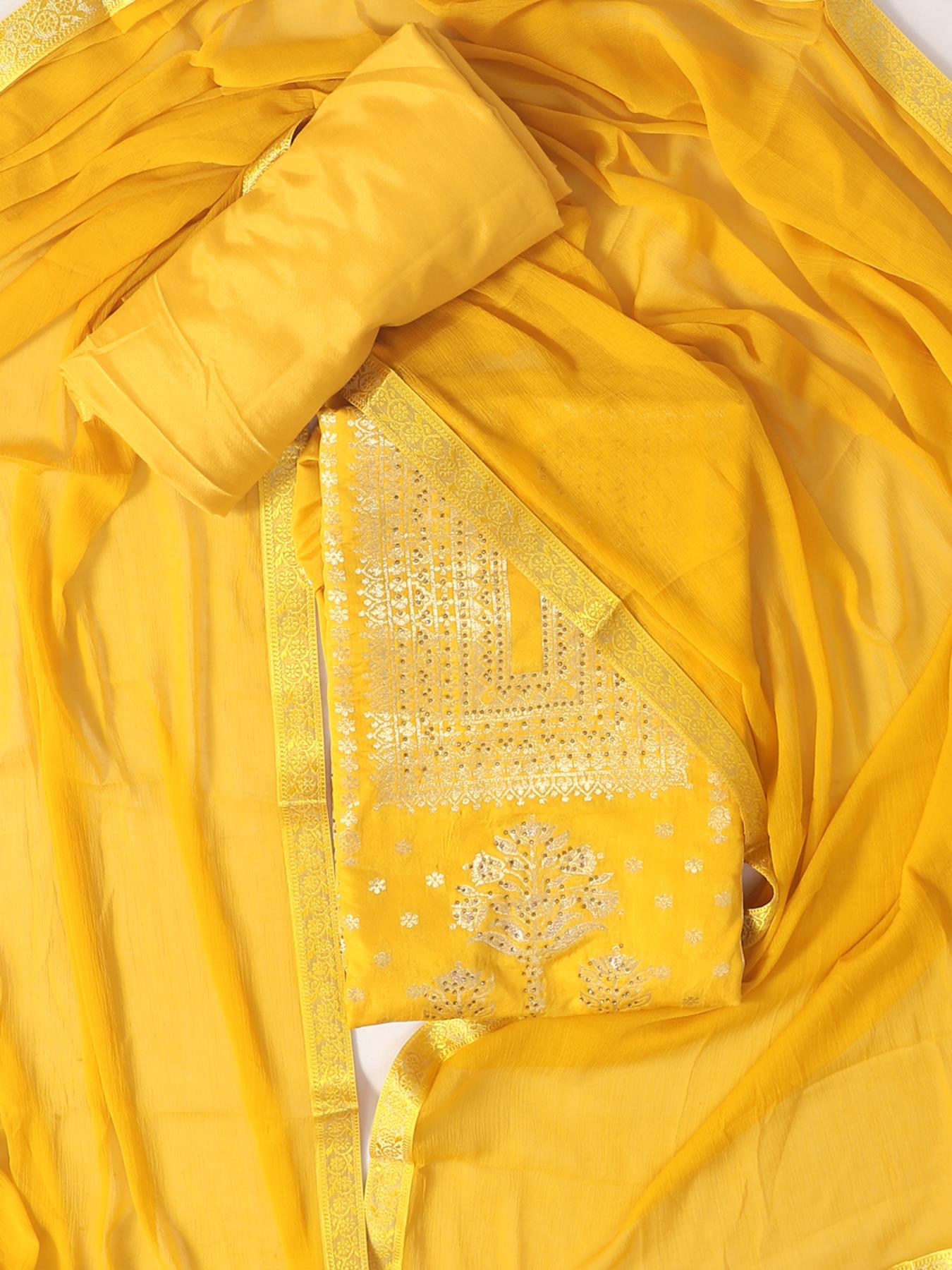 Yellow Embellished Unstitch Dress Material with Dupatta