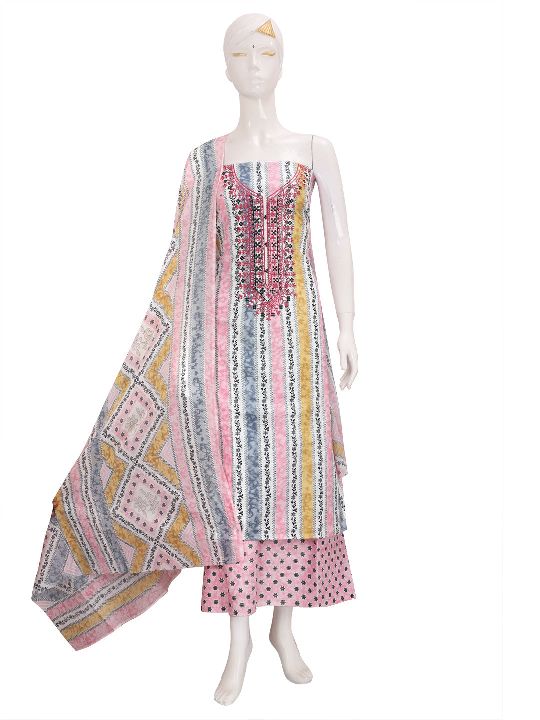 Multicolor Block Printed Unstitch Dress Material with Dupatta