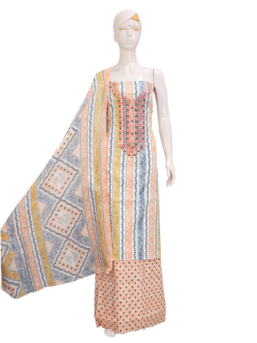 Multicolor Block Printed Unstitch Dress Material with Dupatta