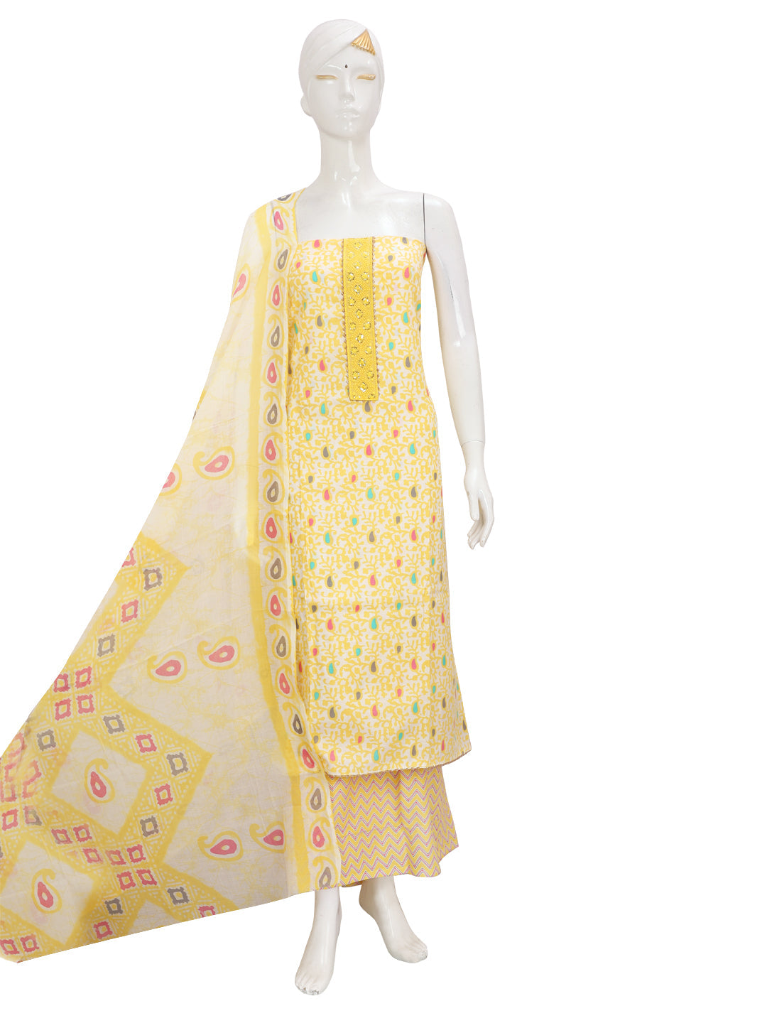 Yellow Yoke Design Unstitch Dress Material with Dupatta