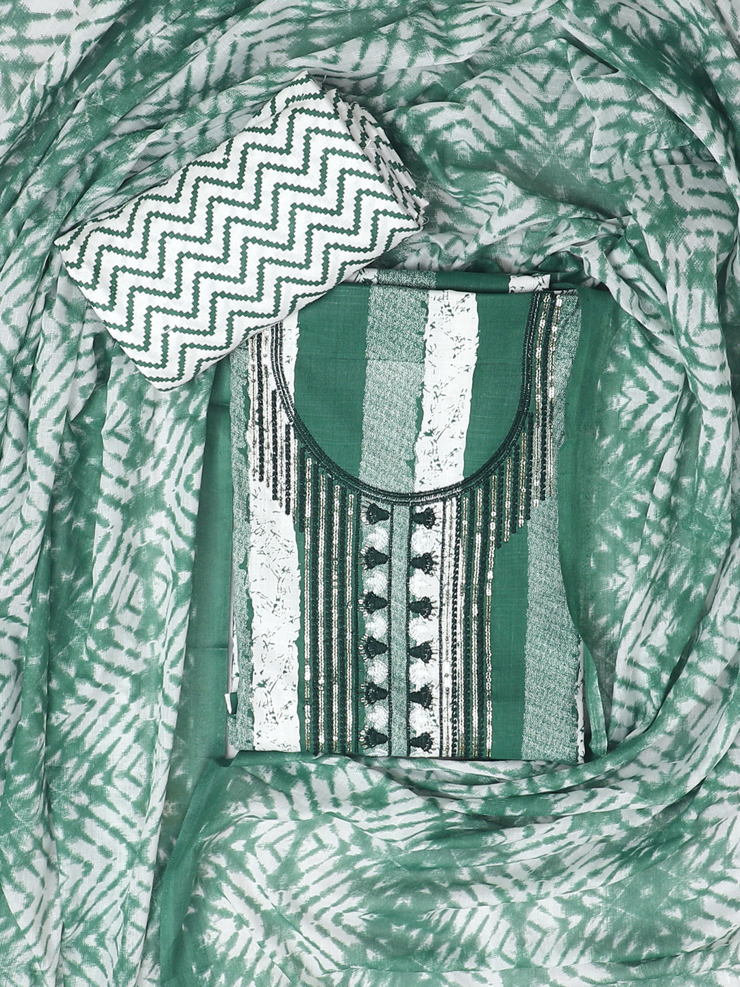 Green Tie & Dye Unstitch Dress Material with Dupatta