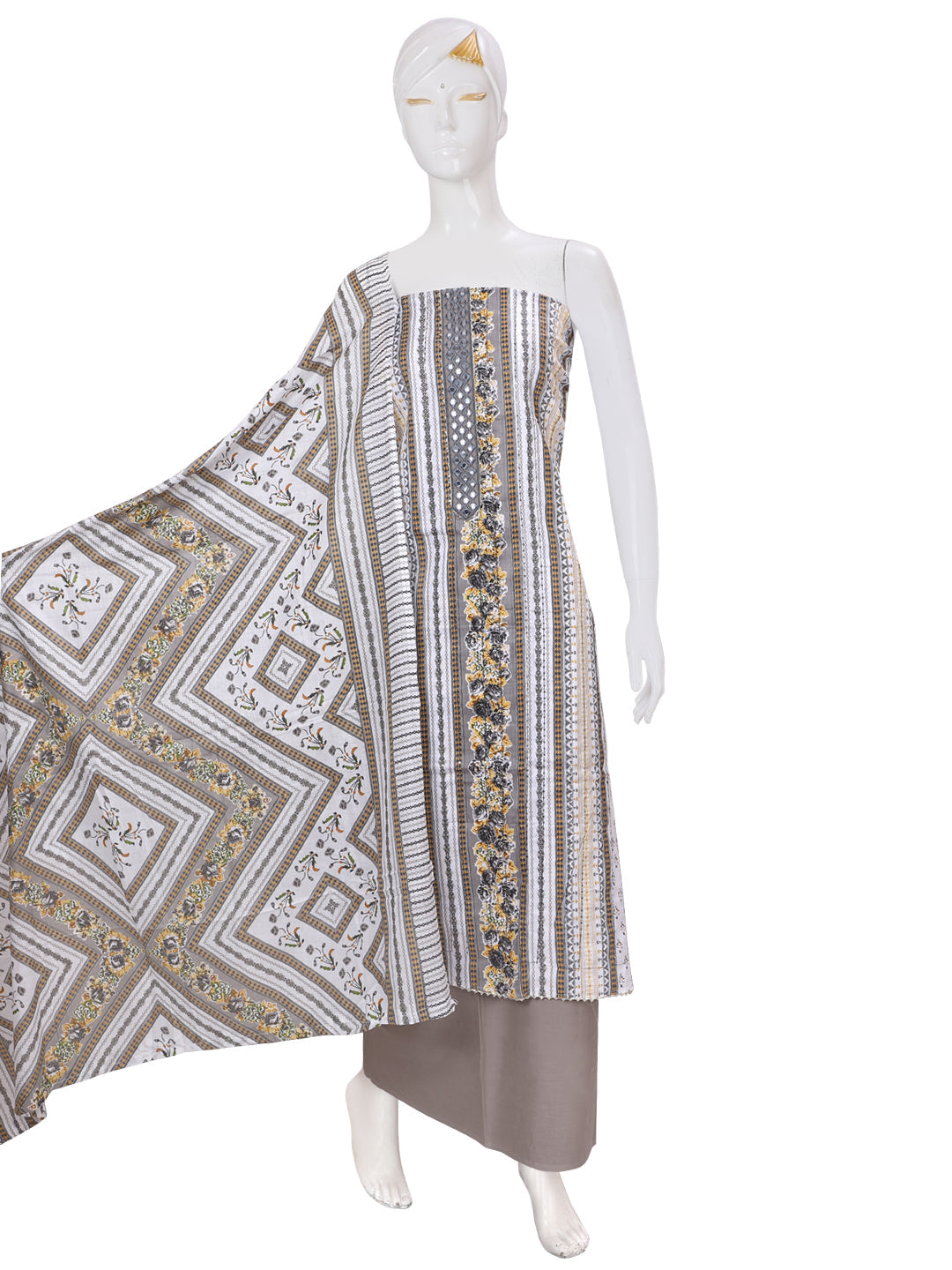 Taupe Printed Cotton Unstitched Dress Material with Dupatta