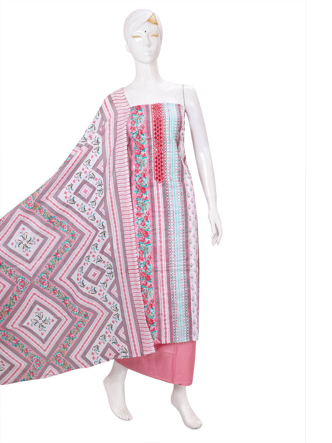 Pink Printed Unstitch Dress Material with Dupatta