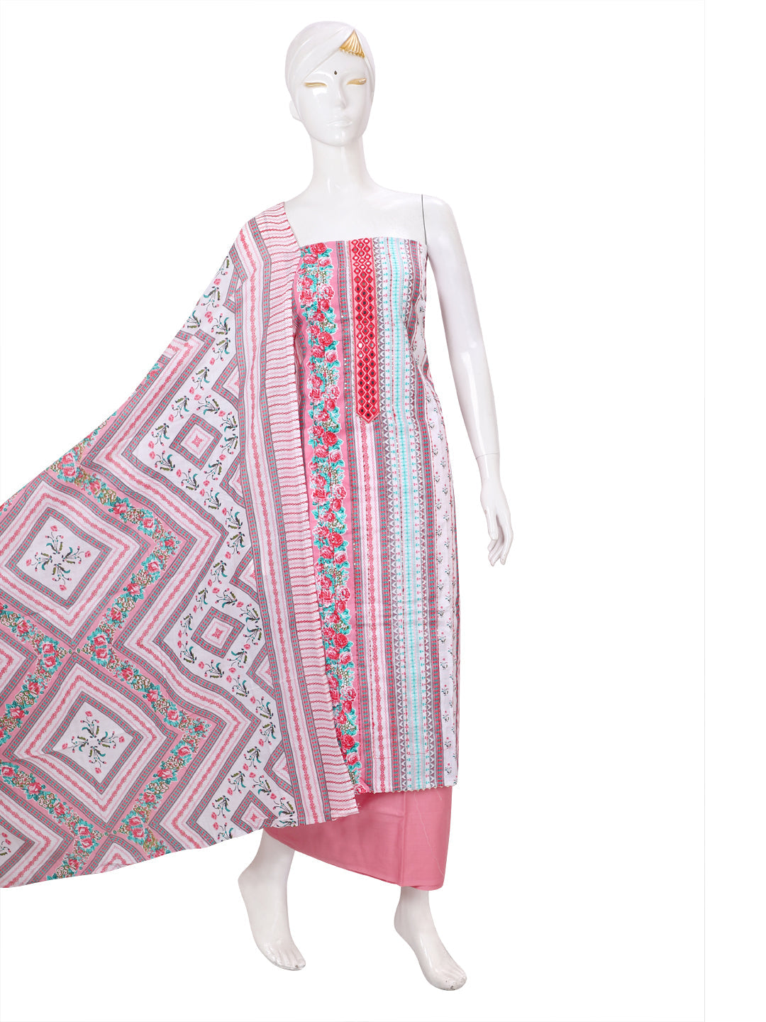 Pink Printed Cotton Unstitched Dress Material with Dupatta