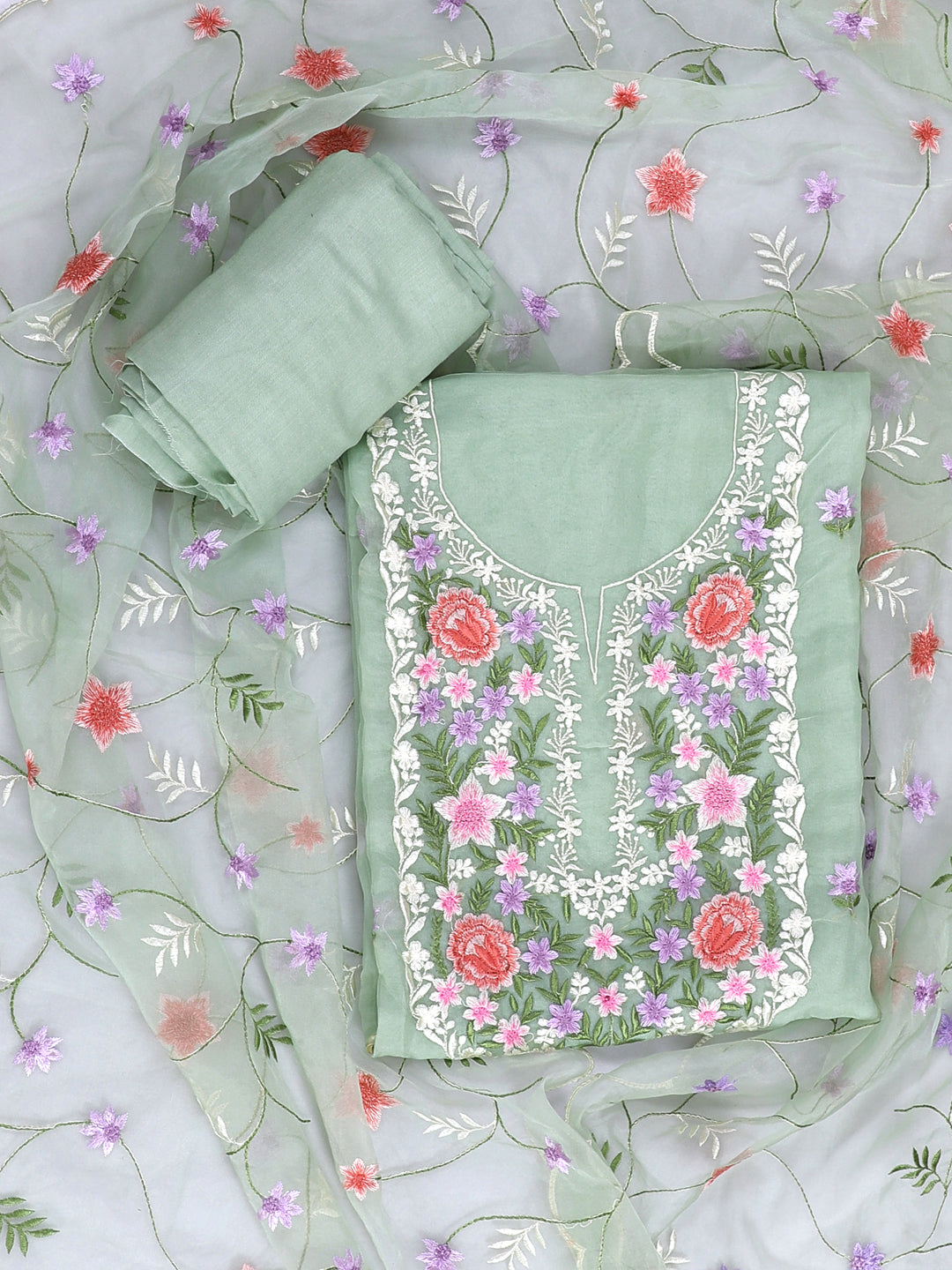 Green Yoke Embroidered Unstitch Dress Material with Dupatta