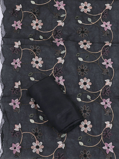 Black Floral Embroidered Cotton Unstitched Dress Material with Dupatta